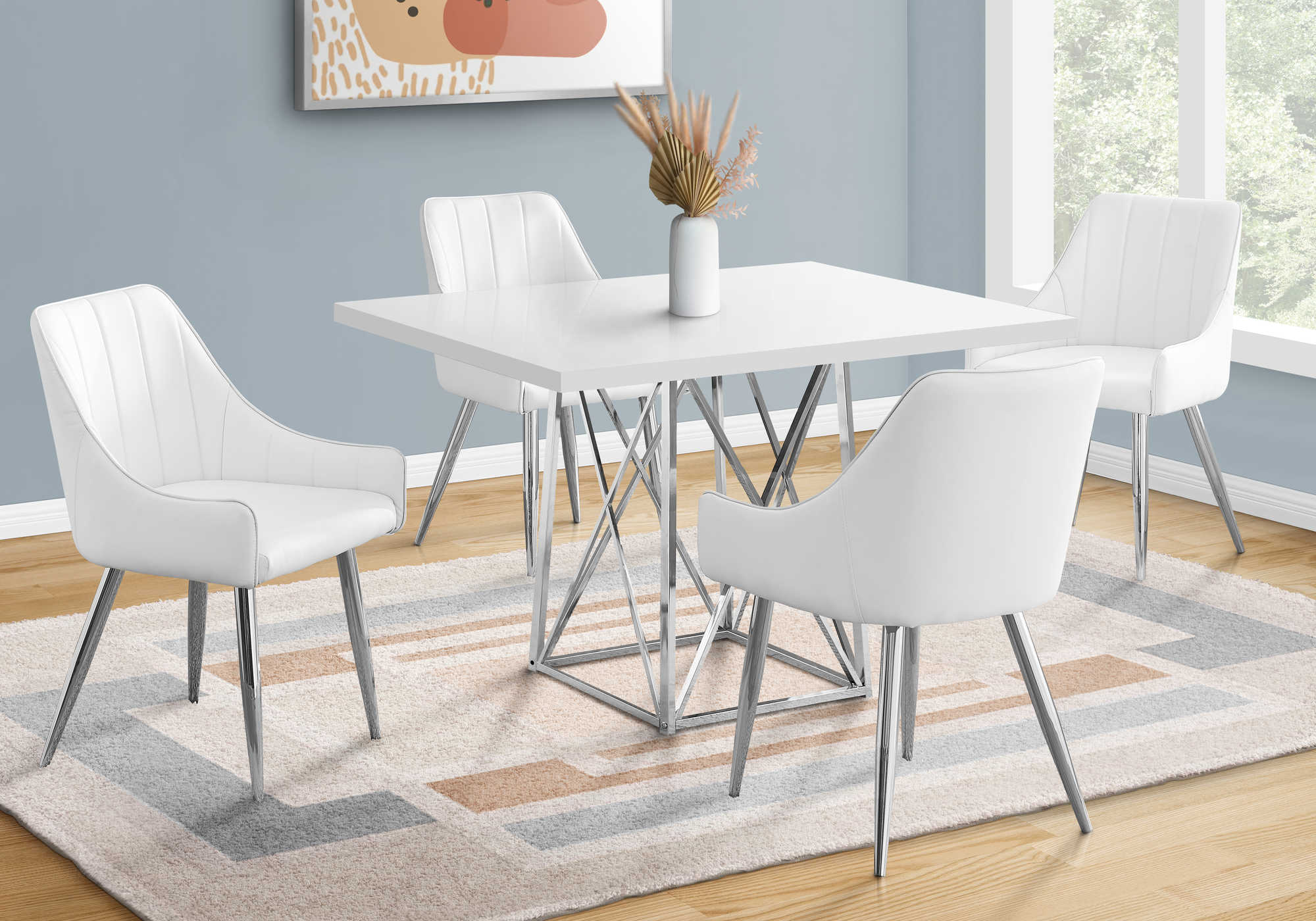 DINING TABLE - 36"X 48" / WHITE GLOSSY / CHROME METAL 