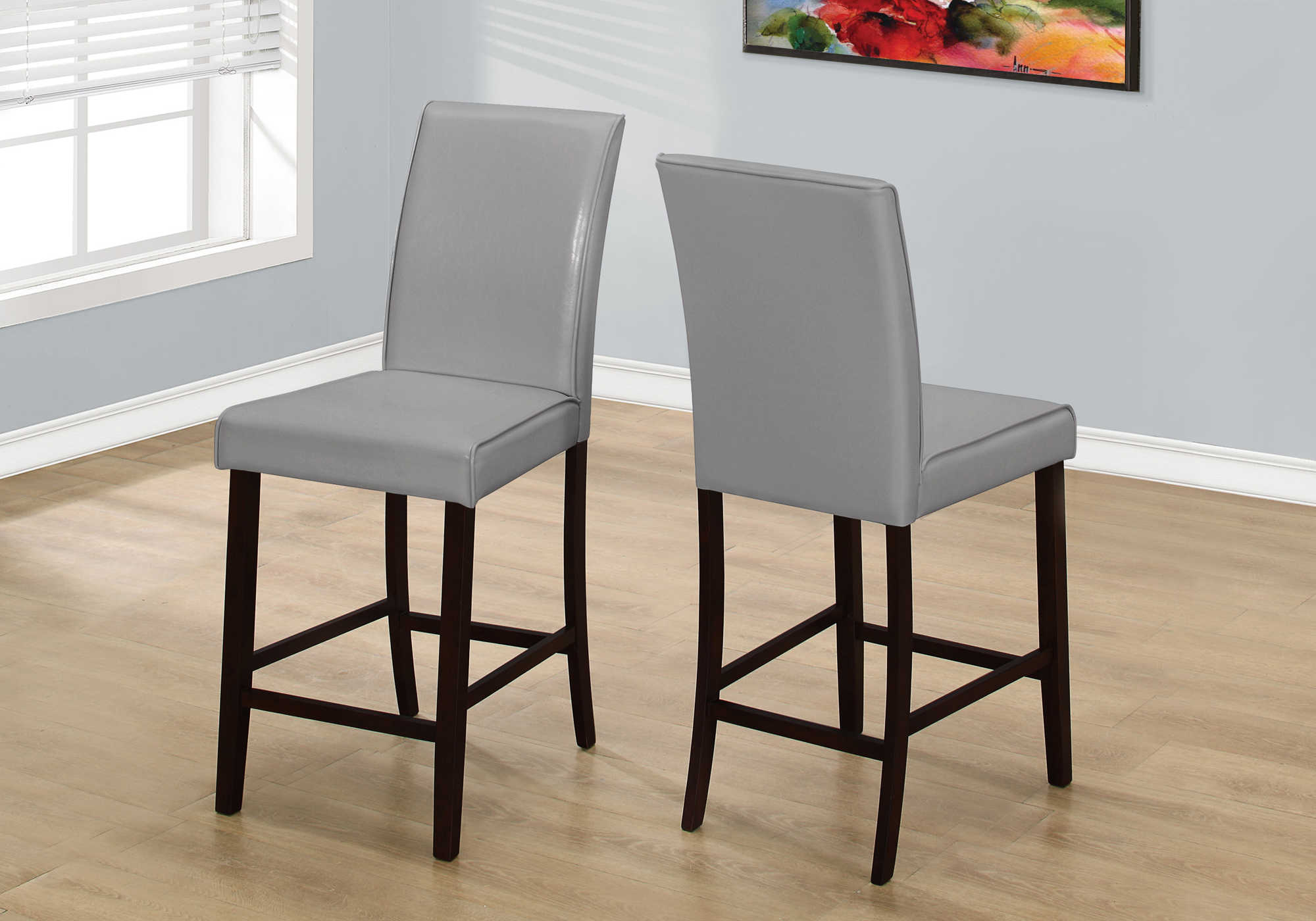 DINING CHAIR - 2PCS / GREY LEATHER-LOOK COUNTER HEIGHT