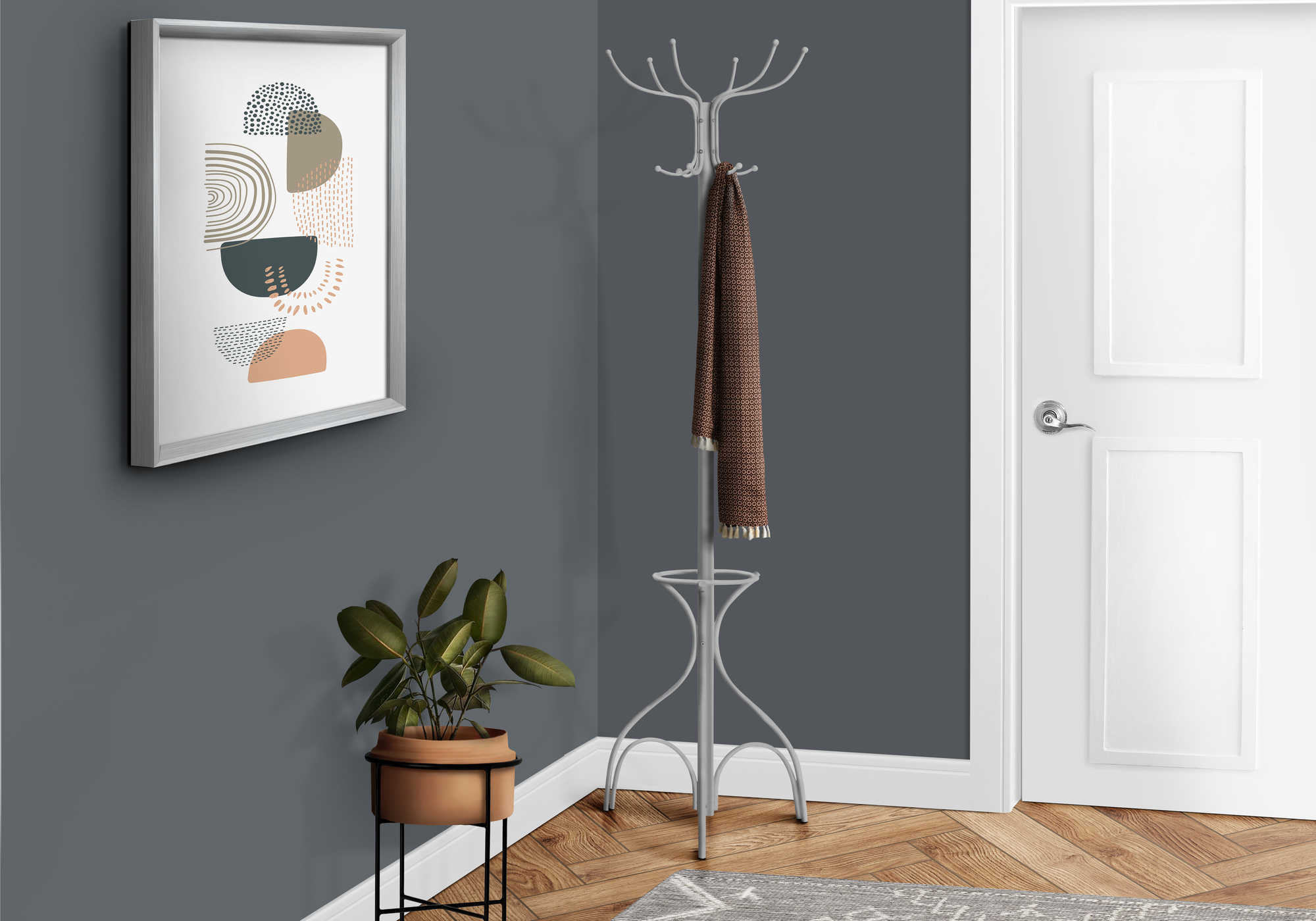 COAT RACK - 70"H / SILVER METAL WITH AN UMBRELLA HOLDER
