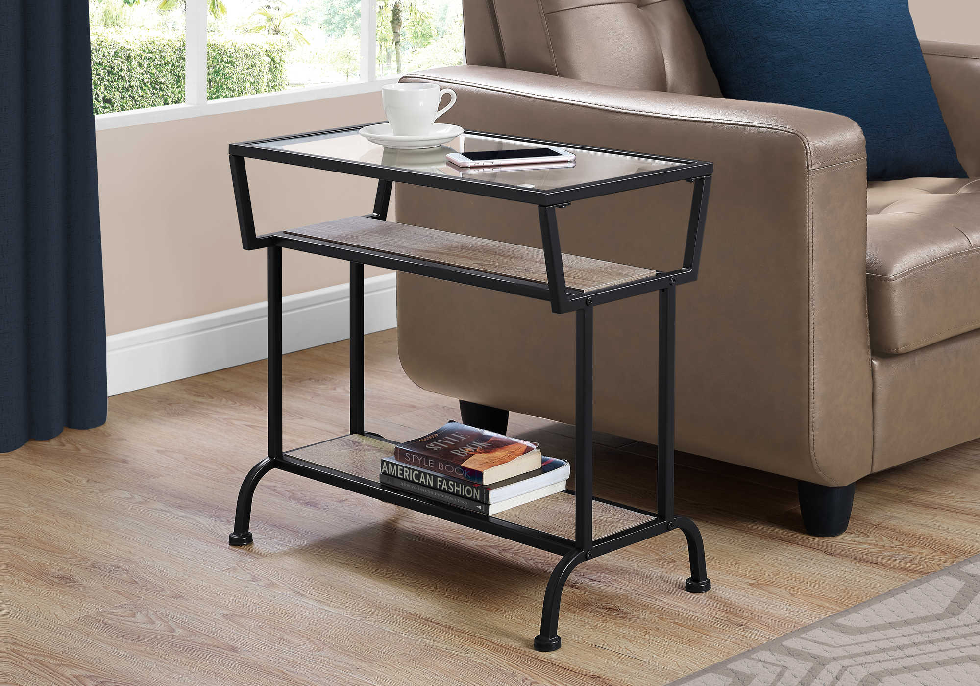 ACCENT TABLE - 22"H / DARK TAUPE / BLACK / TEMPERED GLASS