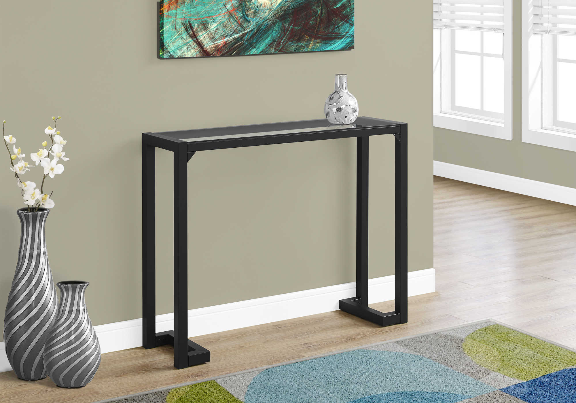 BEDROOM ACCENT CONSOLE TABLE - 42"L / BLACK / TEMPERED GLASS HALL CONSOLE