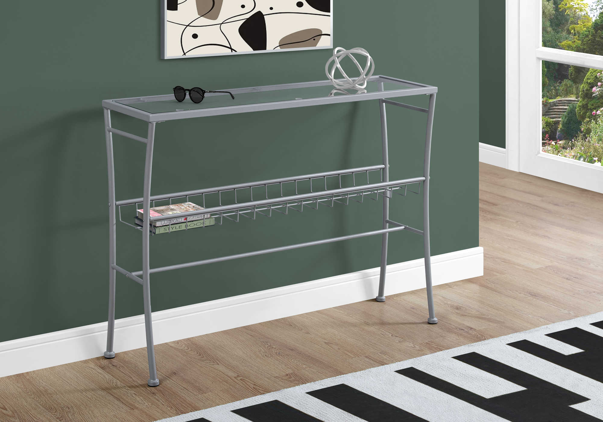 BEDROOM ACCENT CONSOLE TABLE - 42"L / SILVER /TEMPERED GLASS HALL CONSOLE