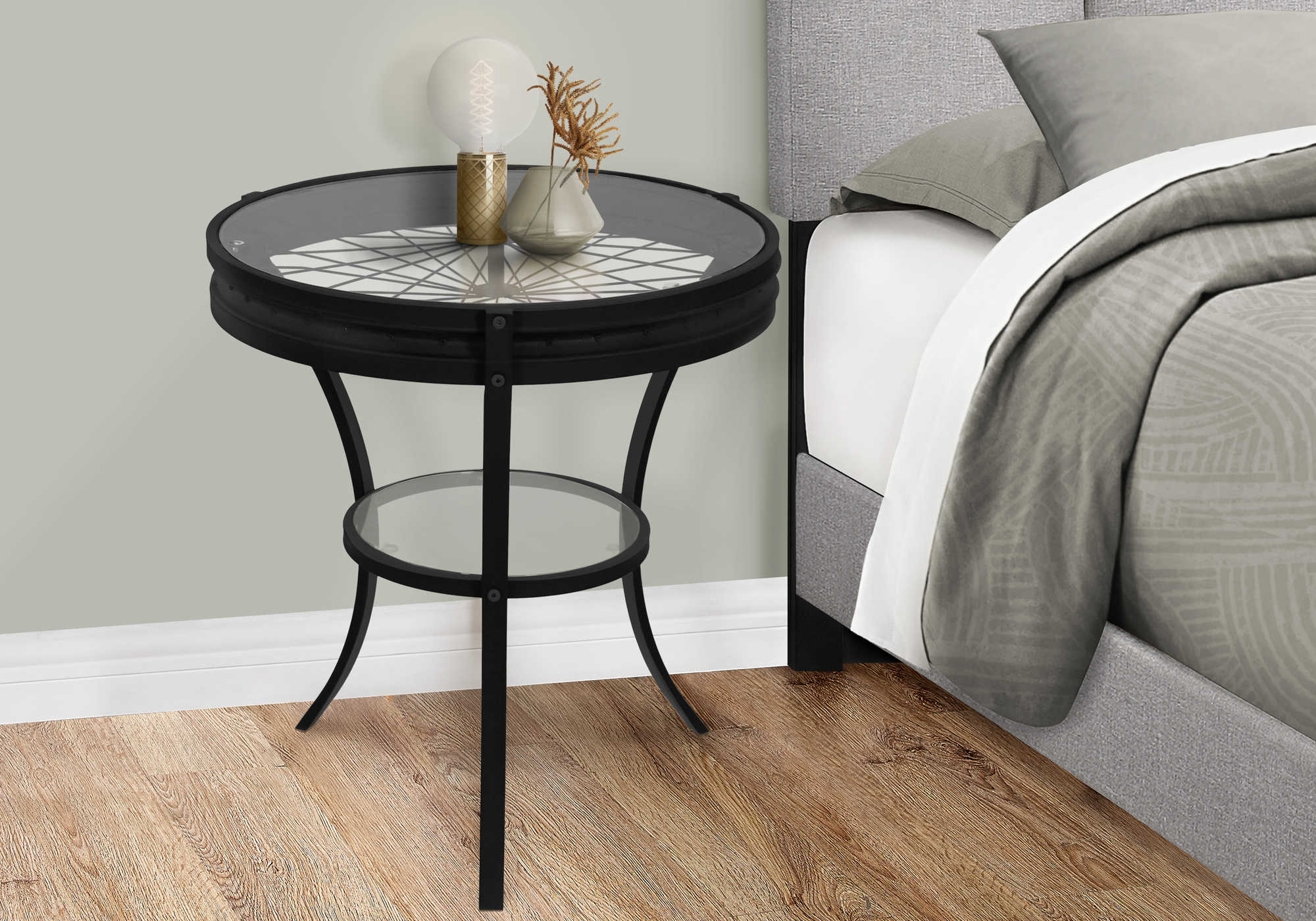 NIGHTSTAND - 22"DIA / BLACK WITH TEMPERED GLASS
