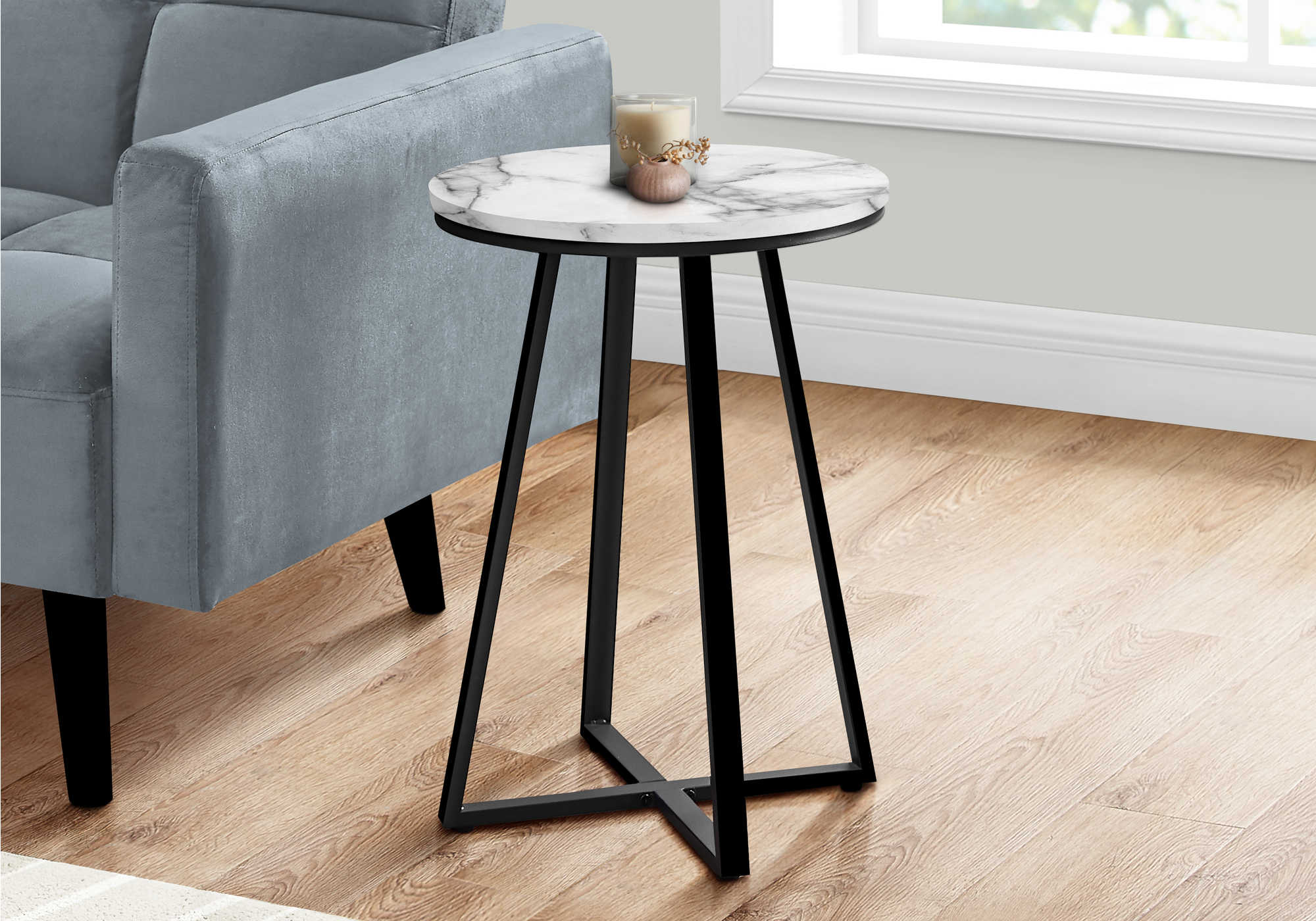 ACCENT TABLE - 22"H / WHITE MARBLE / BLACK METAL