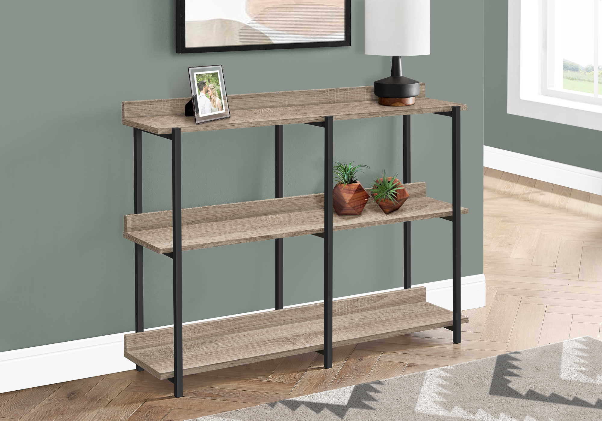 ACCENT TABLE - 48"L / DARK TAUPE / BLACK METAL CONSOLE