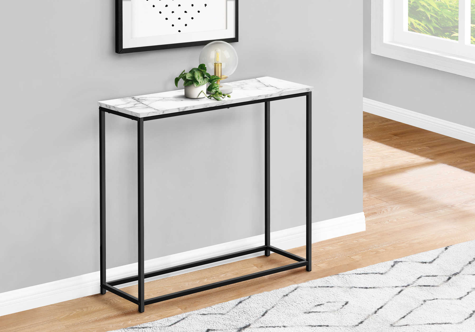 ACCENT TABLE - 32"L / WHITE MARBLE / BLACK METAL CONSOLE