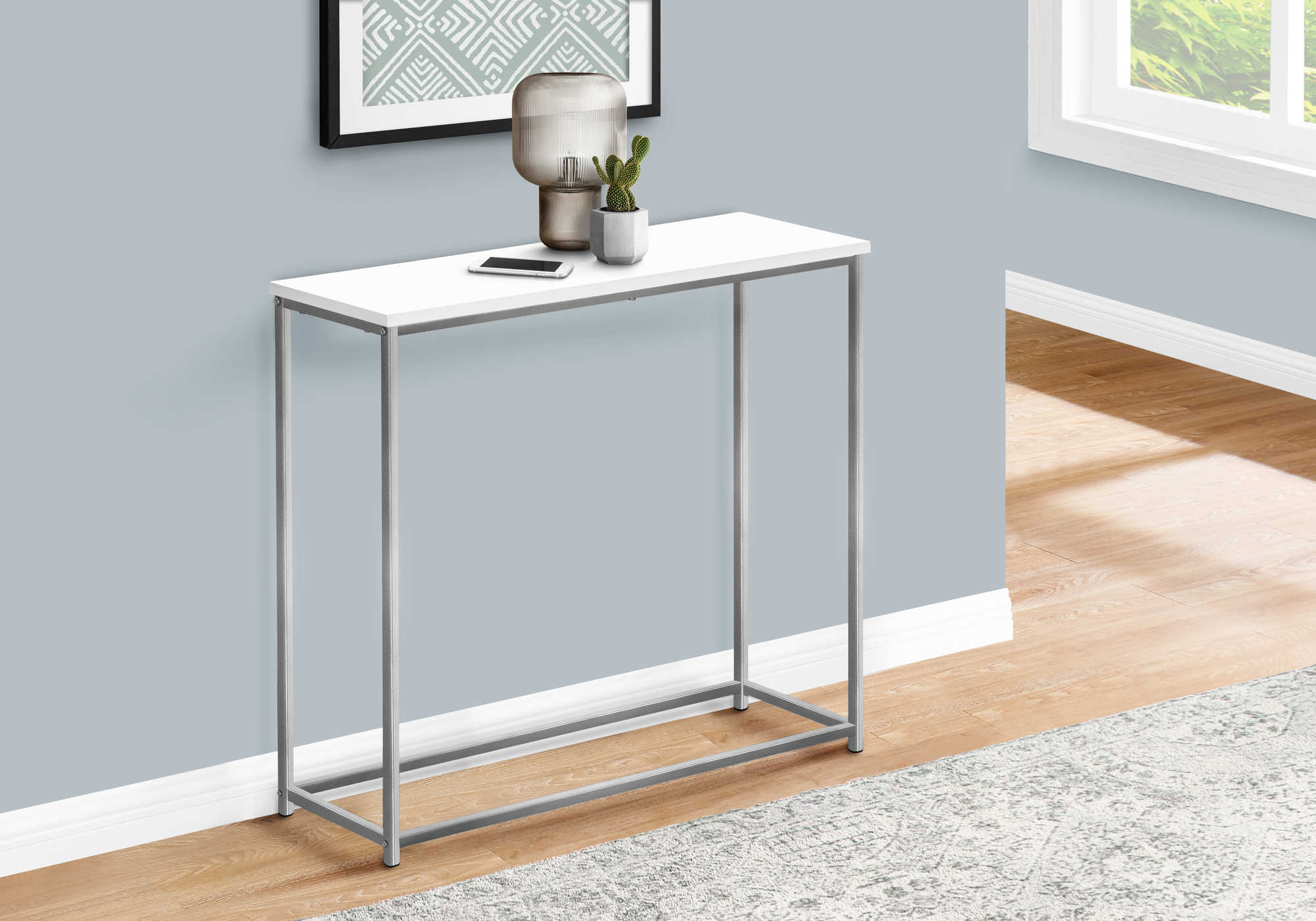 BEDROOM ACCENT CONSOLE TABLE - 32"L / WHITE / SILVER METAL CONSOLE