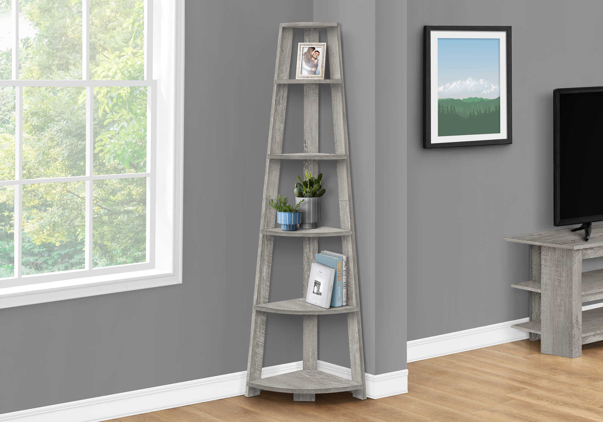 BOOKCASE - 72""H / INDUSTRIAL GREY CORNER ACCENT ETAGERE