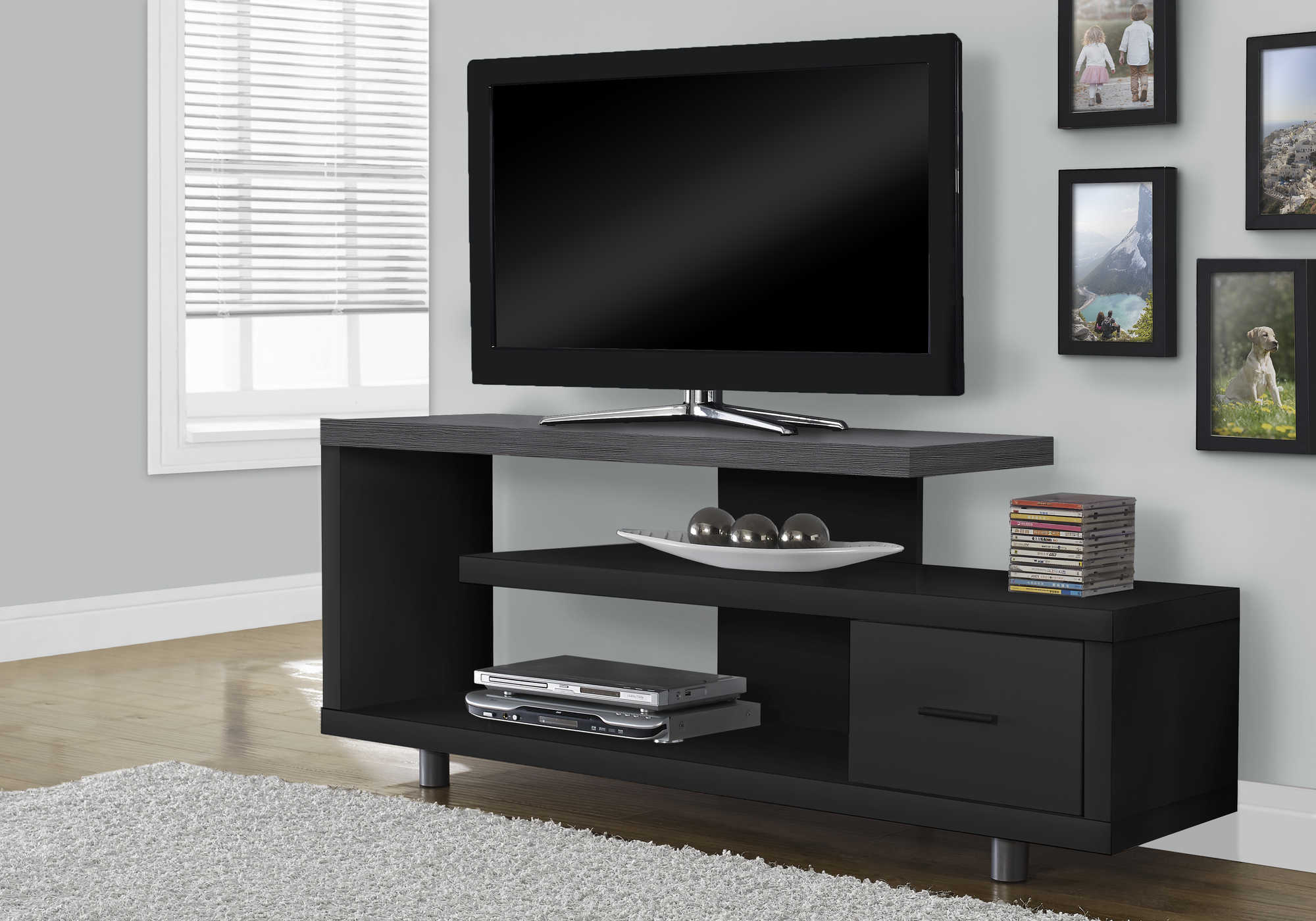 TV STAND - 60"L / BLACK / GREY TOP WITH 1 DRAWER