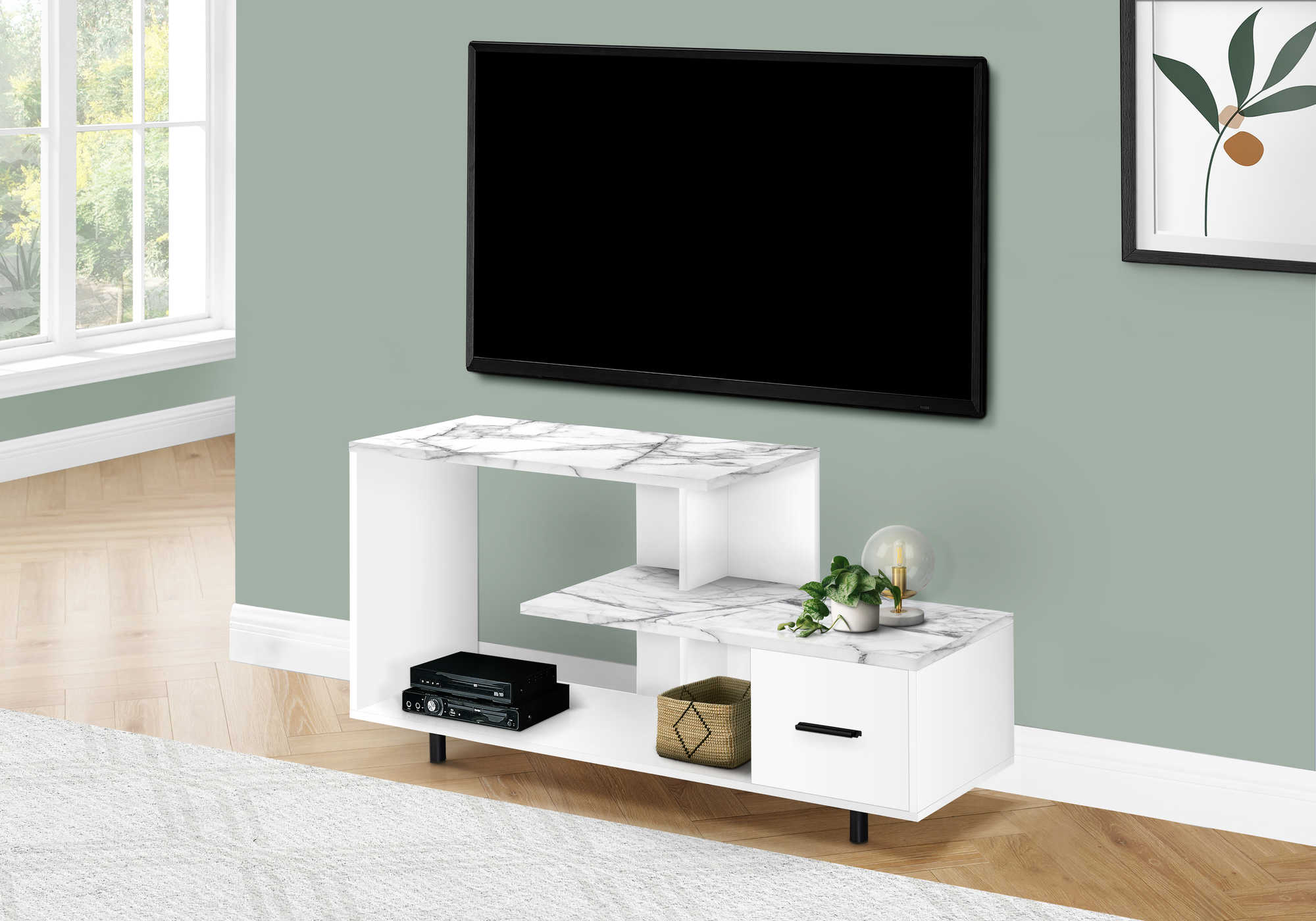 TV STAND - 48"L / WHITE / WHITE MARBLE TOP / 1 DRAWER