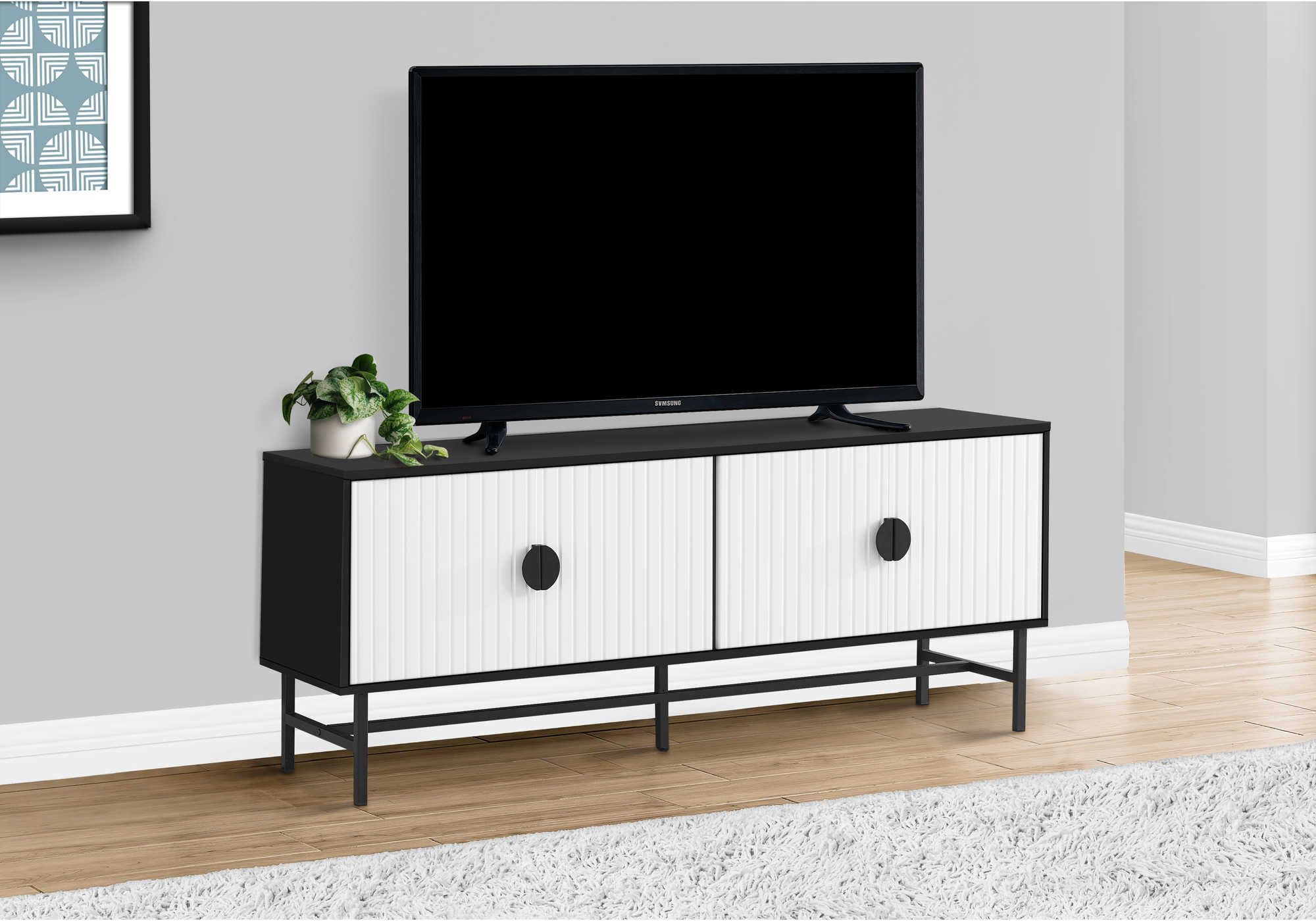 TV STAND - 60"L / BLACK / WHITE DOORS WITH BLACK METAL