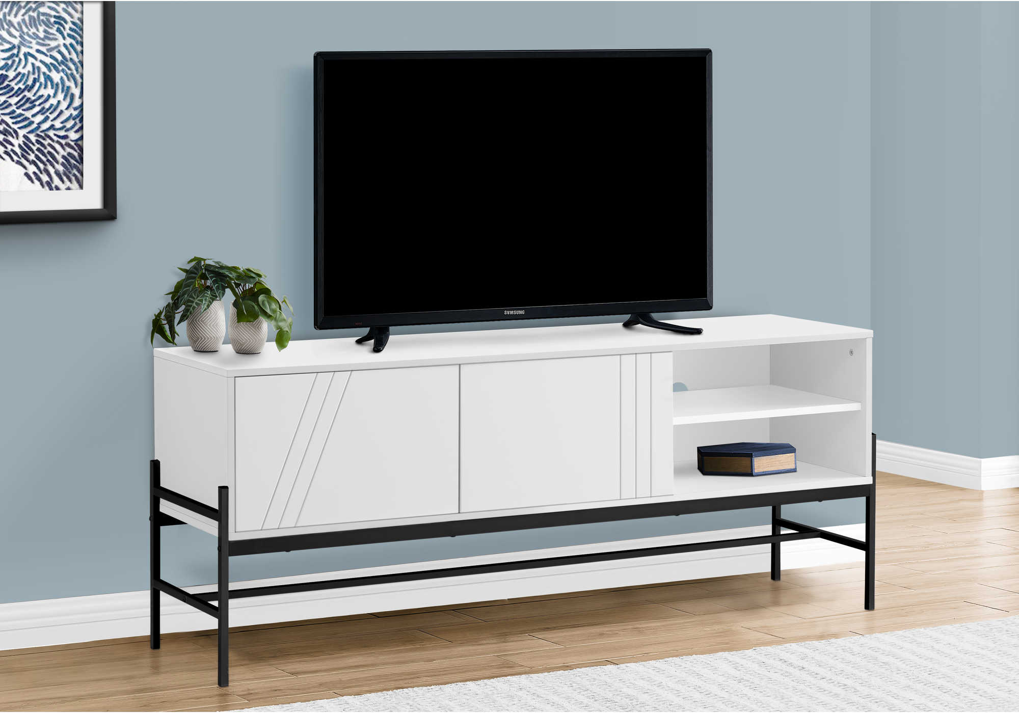 TV STAND - 60"L / WHITE / BLACK METAL WITH STORAGE