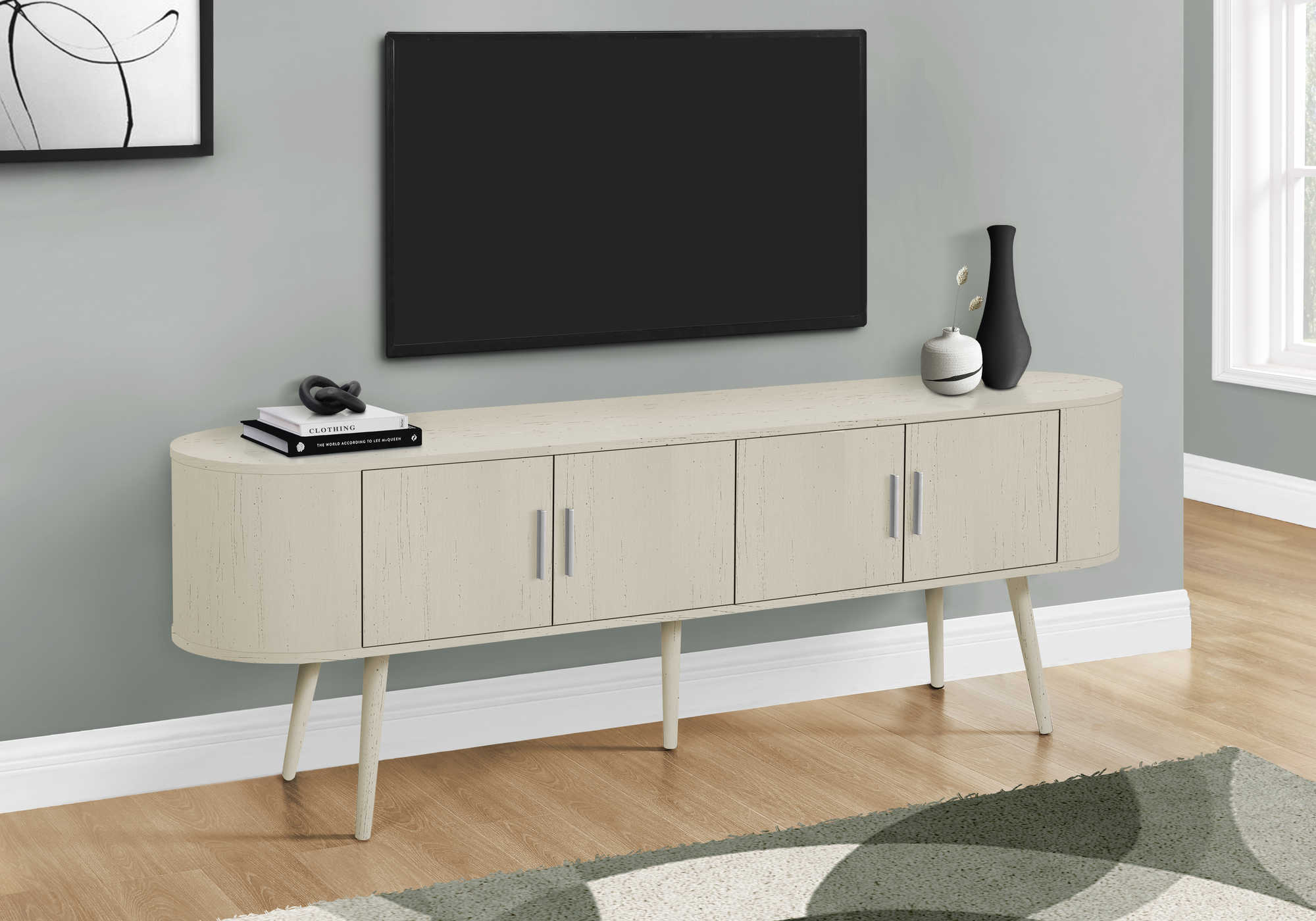 TV STAND - 72"L / ANTIQUE WHITE WITH 4 DOORS