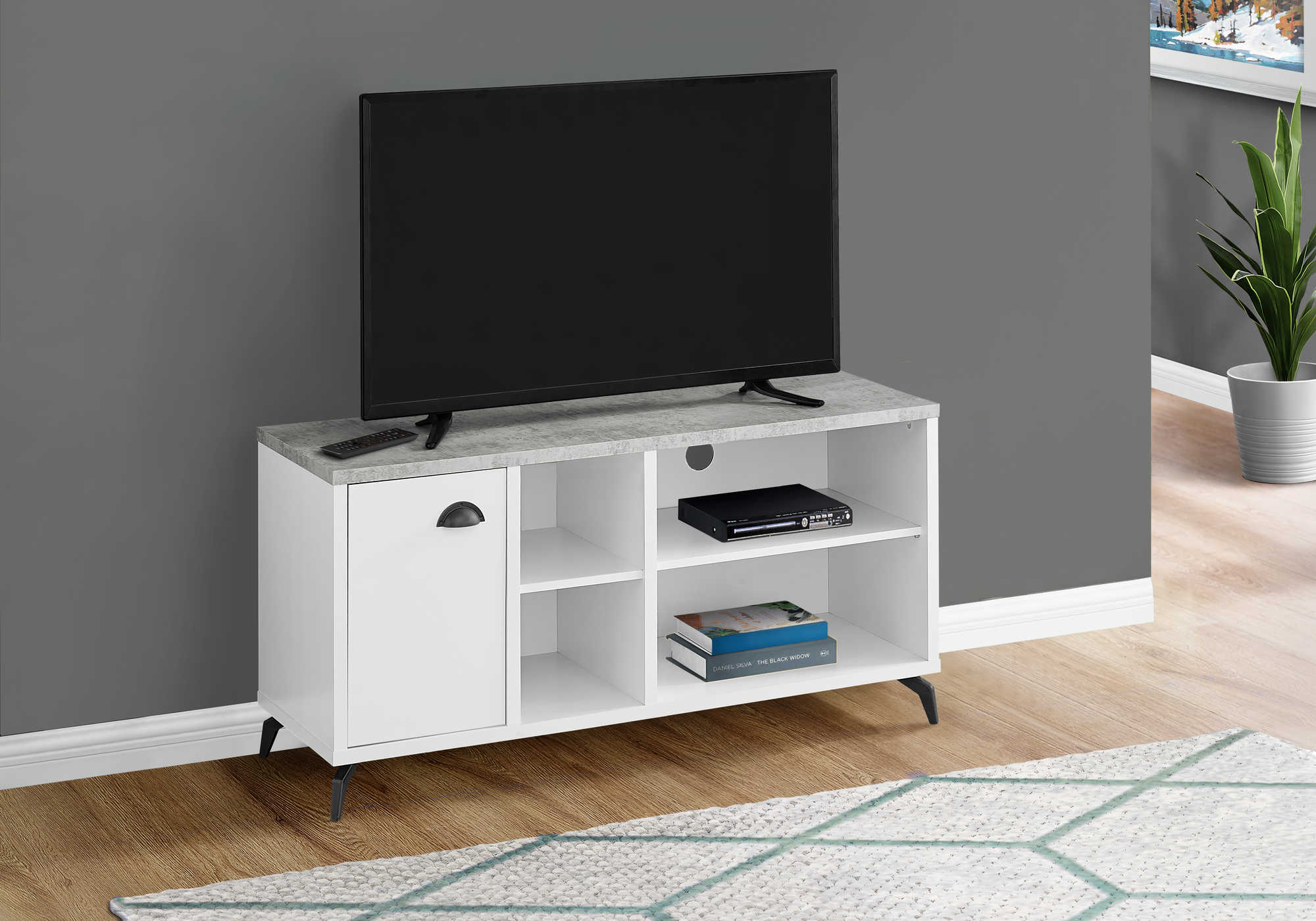 TV STAND - 48"L / WHITE / GREY CEMENT-LOOK TOP