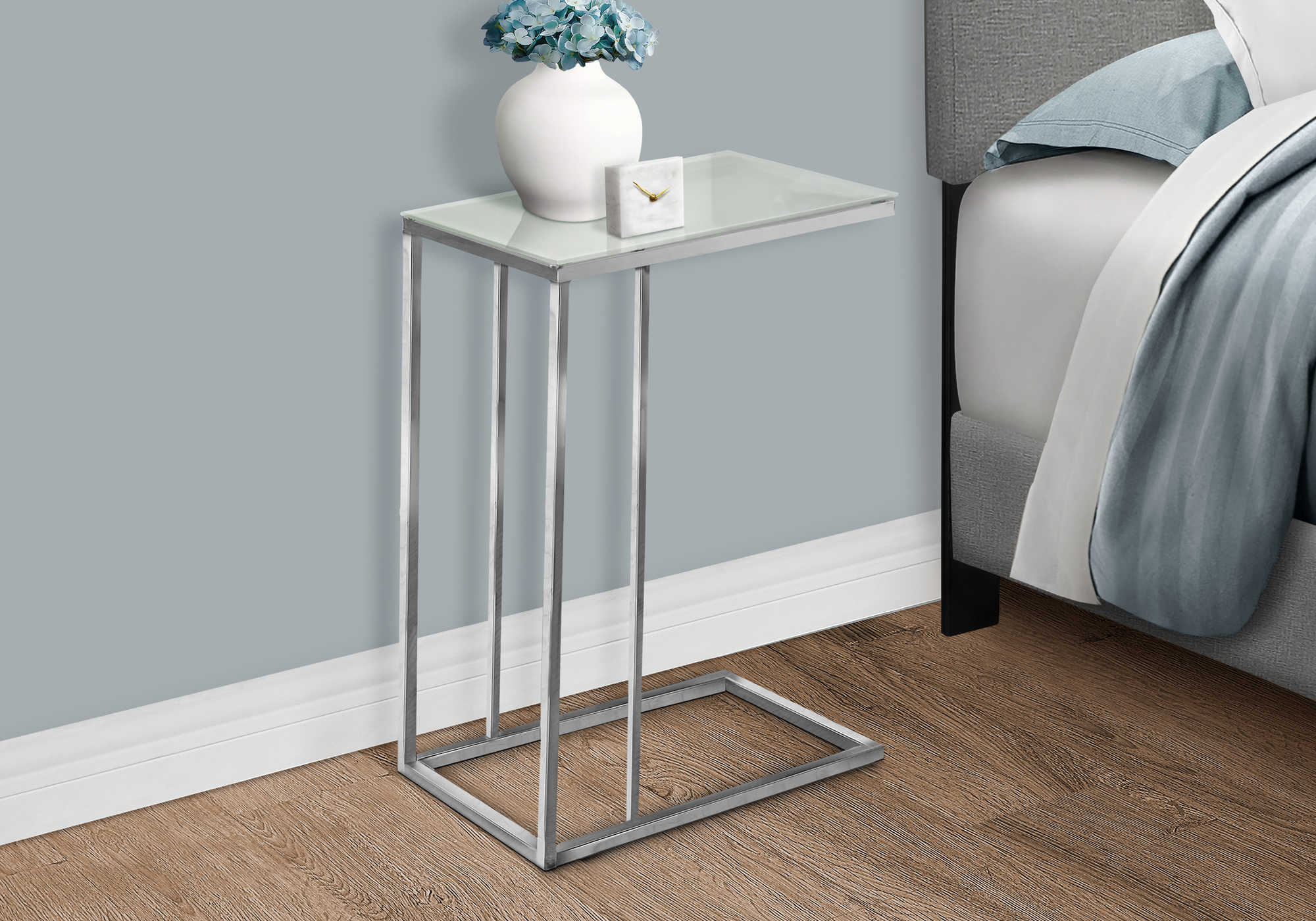 NIGHTSTAND - CHROME METAL WITH FROSTED TEMPERED GLASS