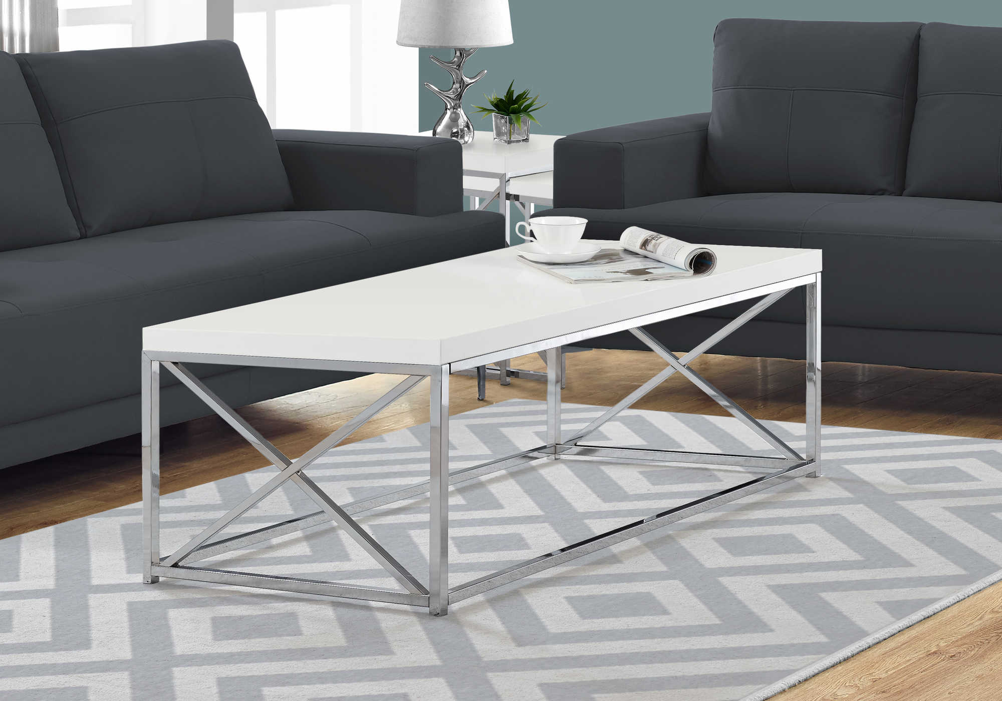COFFEE TABLE - GLOSSY WHITE WITH CHROME METAL 