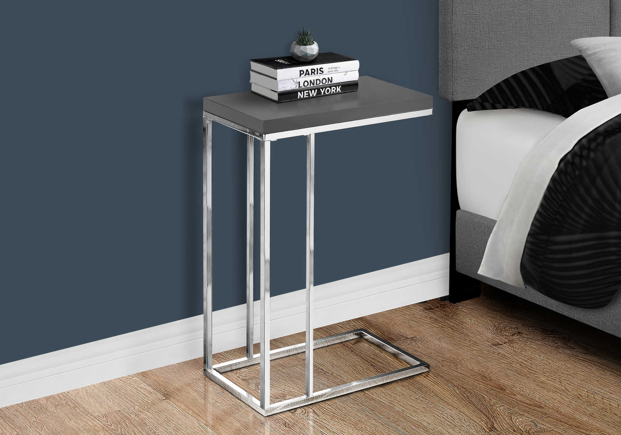 NIGHTSTAND - GLOSSY GREY WITH CHROME METAL