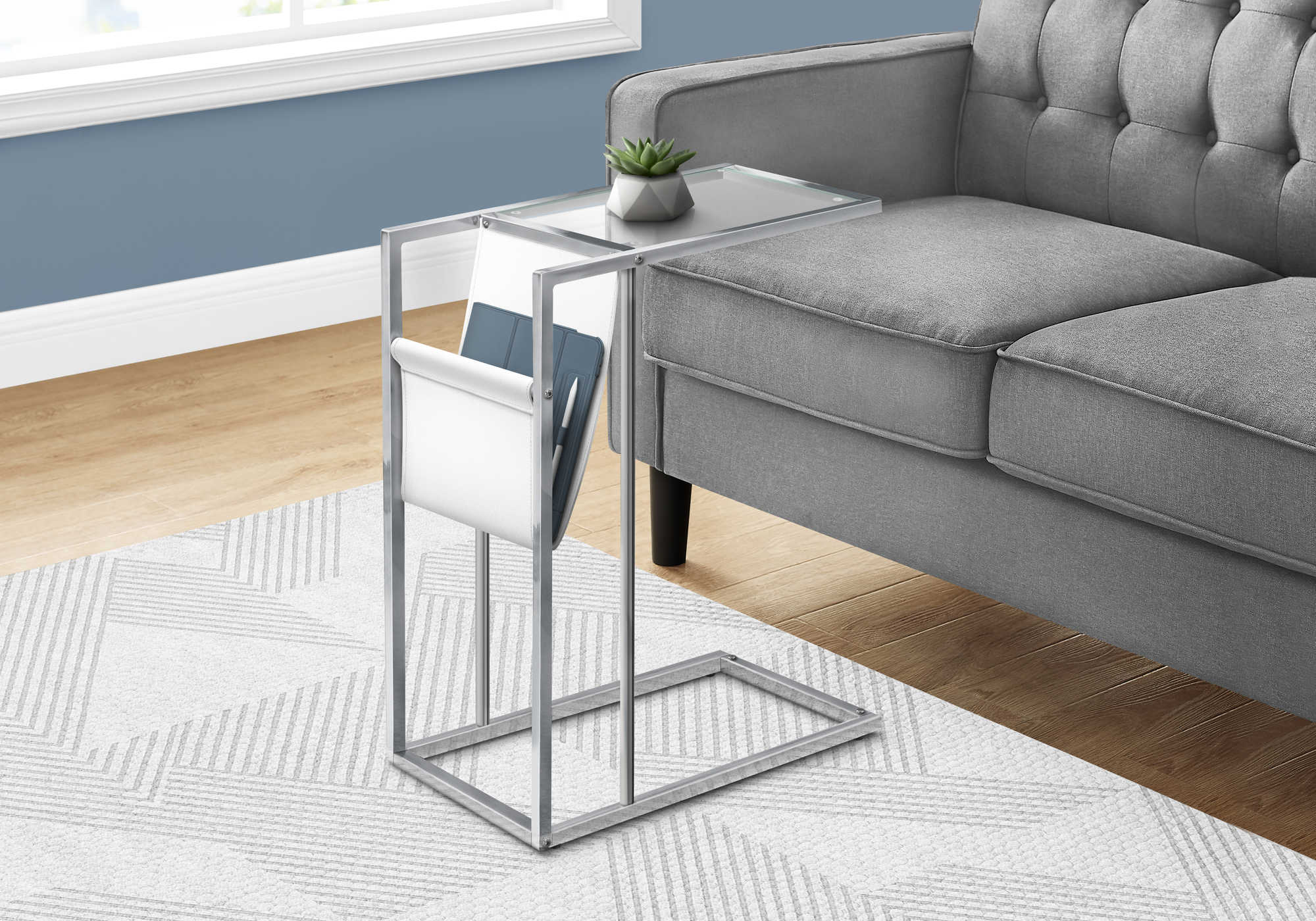 ACCENT TABLE - WHITE / CHROME METAL WITH A MAGAZINE RACK