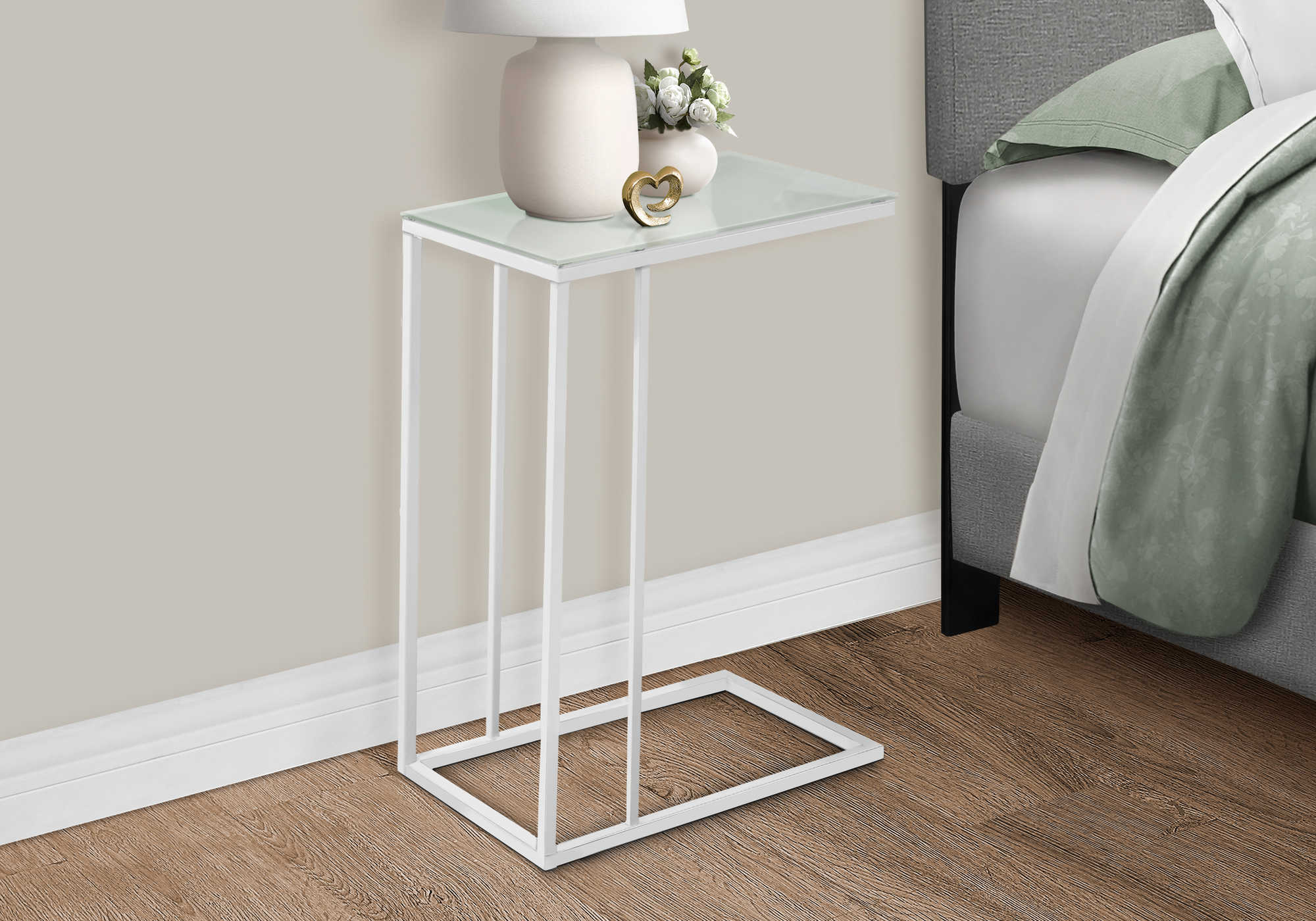 NIGHTSTAND - WHITE METAL WITH FROSTED TEMPERED GLASS