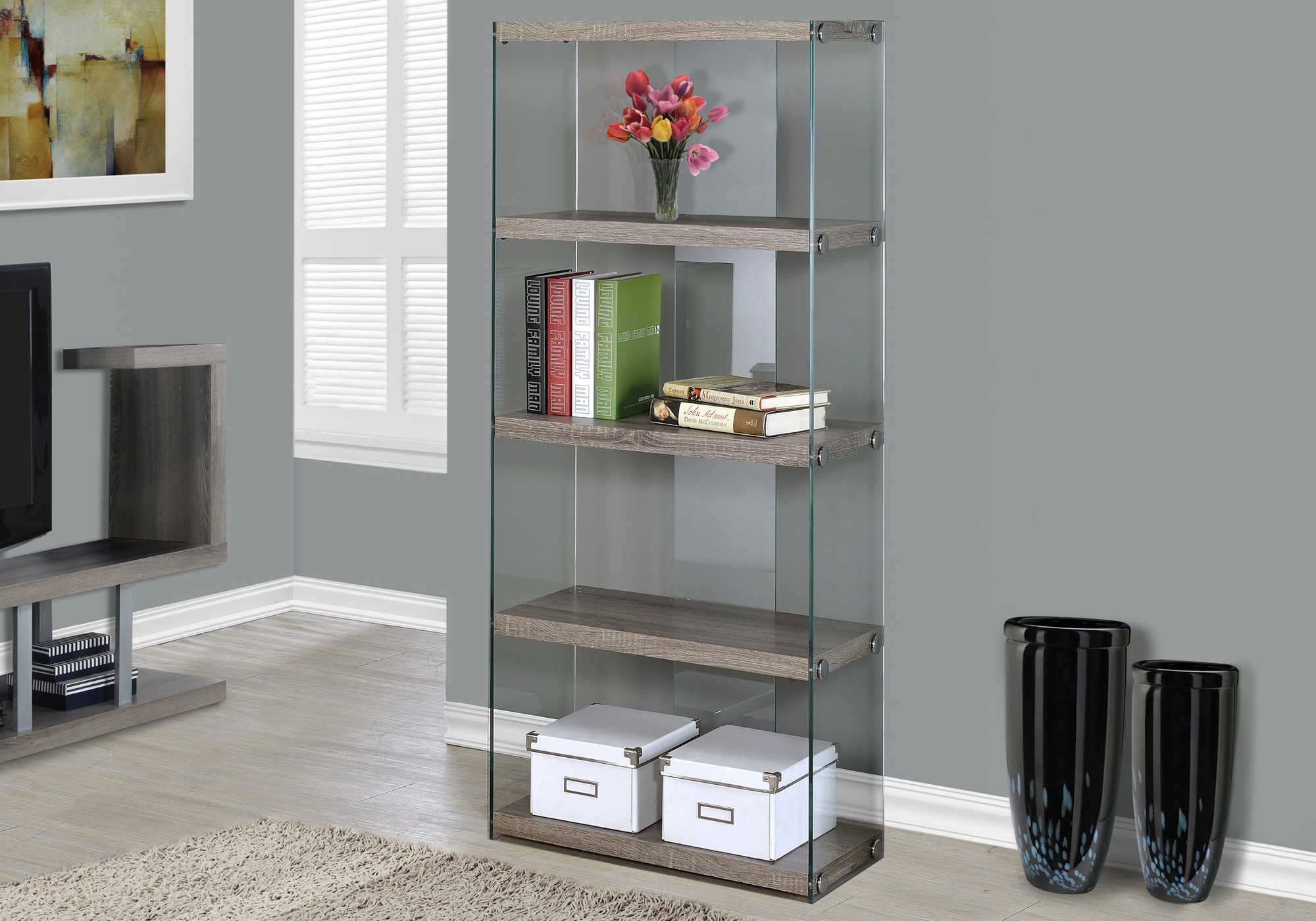 BOOKCASE - 60"H / DARK TAUPE WITH TEMPERED GLASS 
