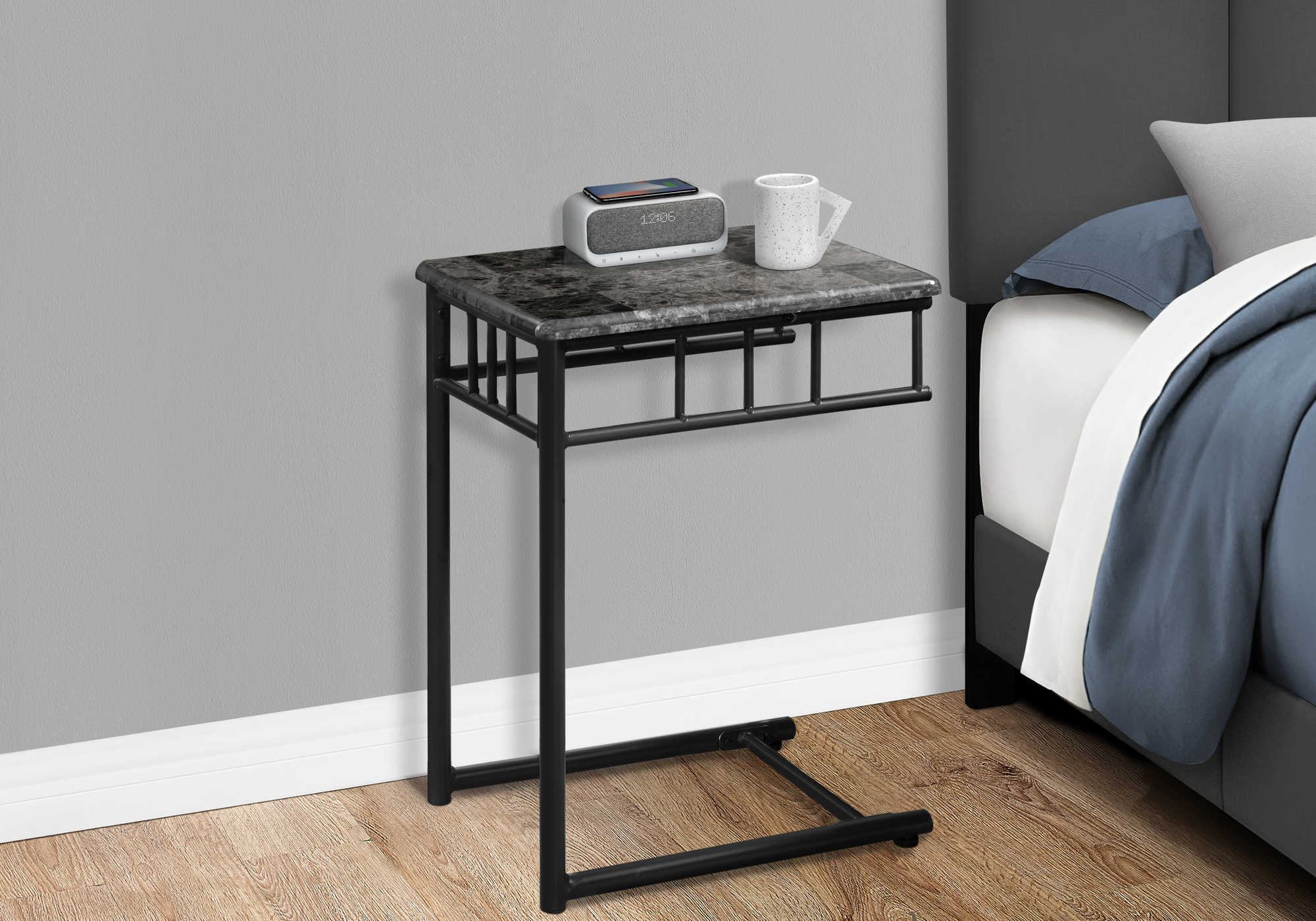 BEDROOM ACCENT TABLE - GREY MARBLE / CHARCOAL METAL