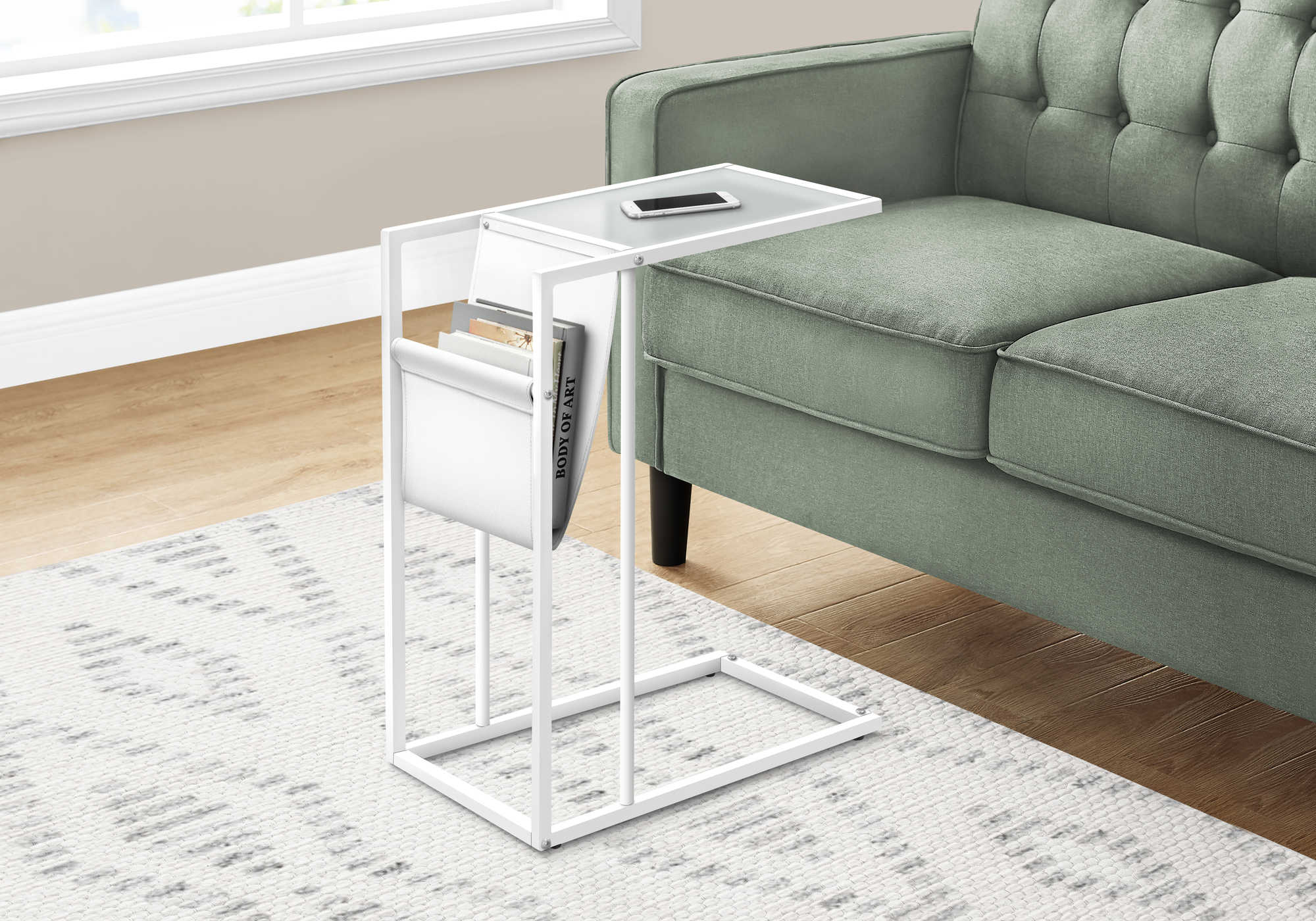ACCENT TABLE - WHITE / WHITE METAL WITH A MAGAZINE RACK