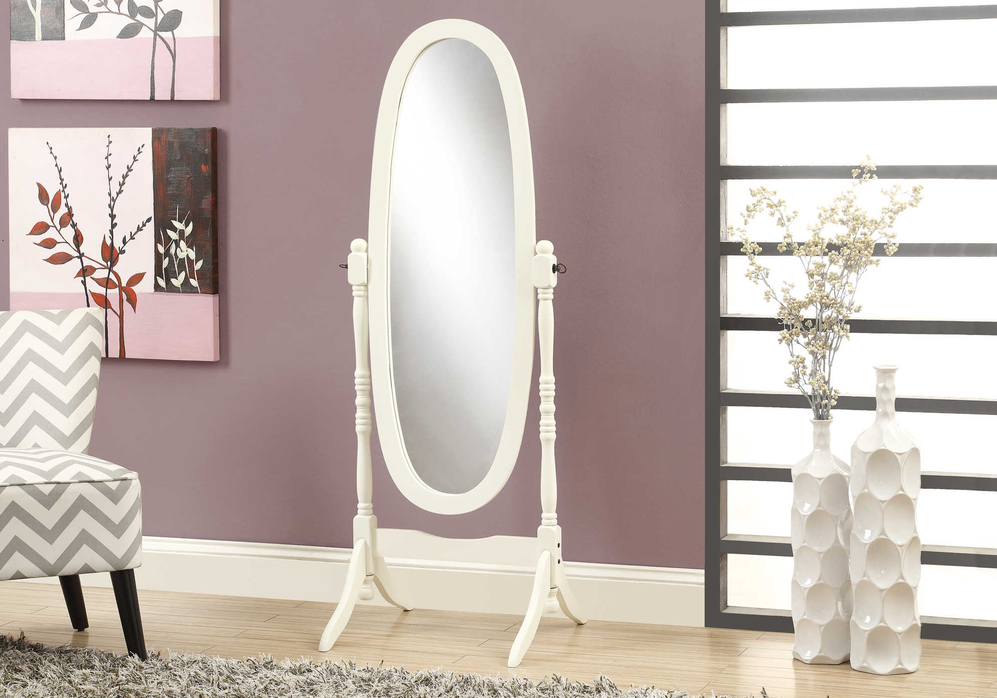 BEDROOM MIRROR - 59"H / ANTIQUE WHITE OVAL WOOD FRAME 