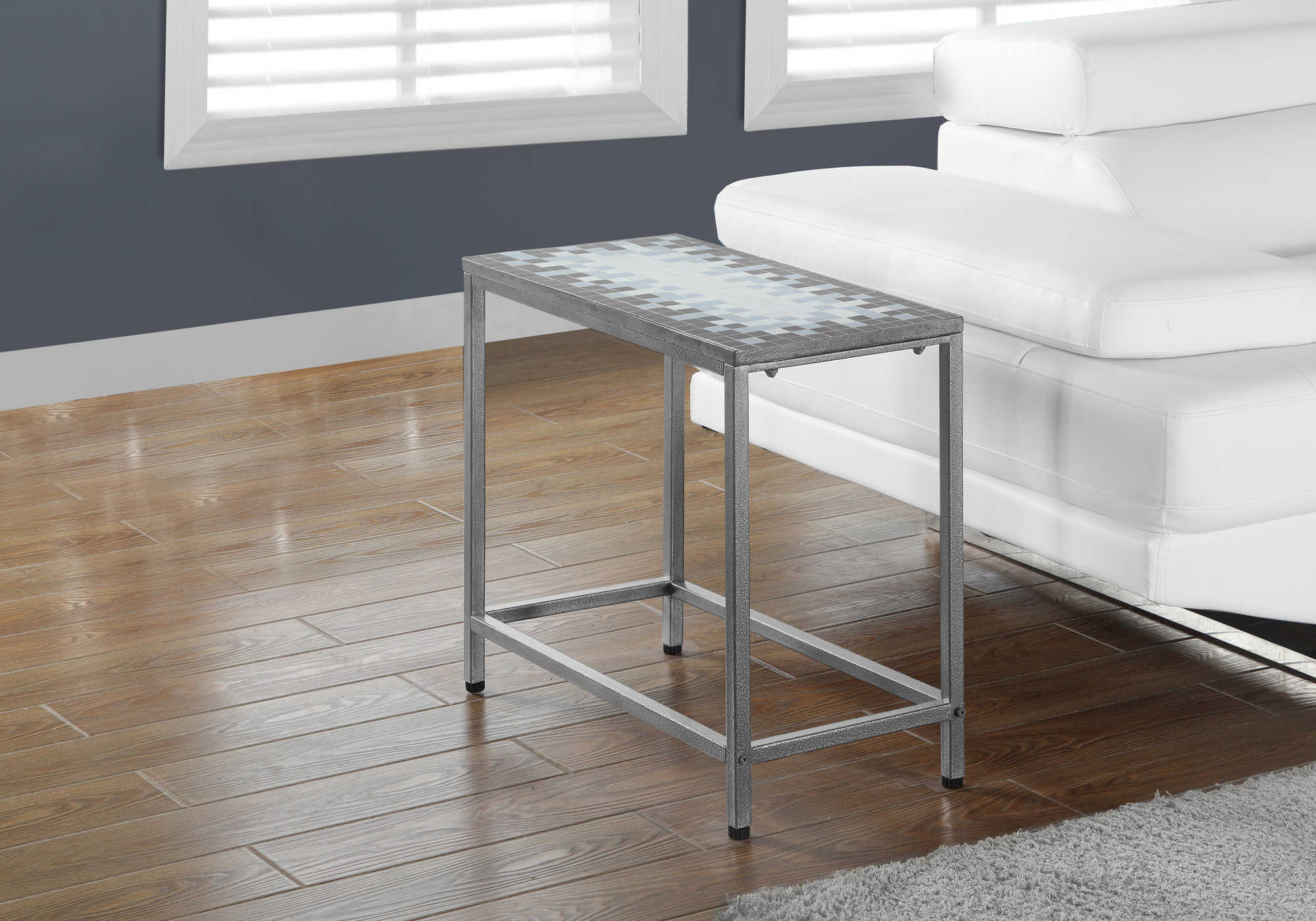 ACCENT TABLE - GREY / BLUE TILE TOP / HAMMERED SILVER 
