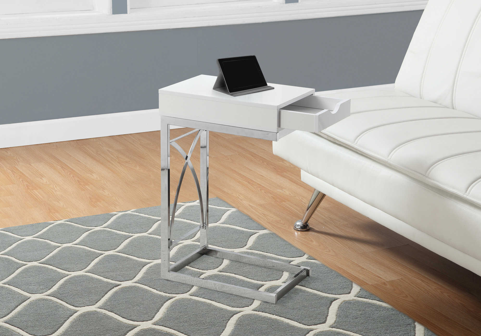 ACCENT TABLE - CHROME METAL / GLOSSY WHITE WITH A DRAWER