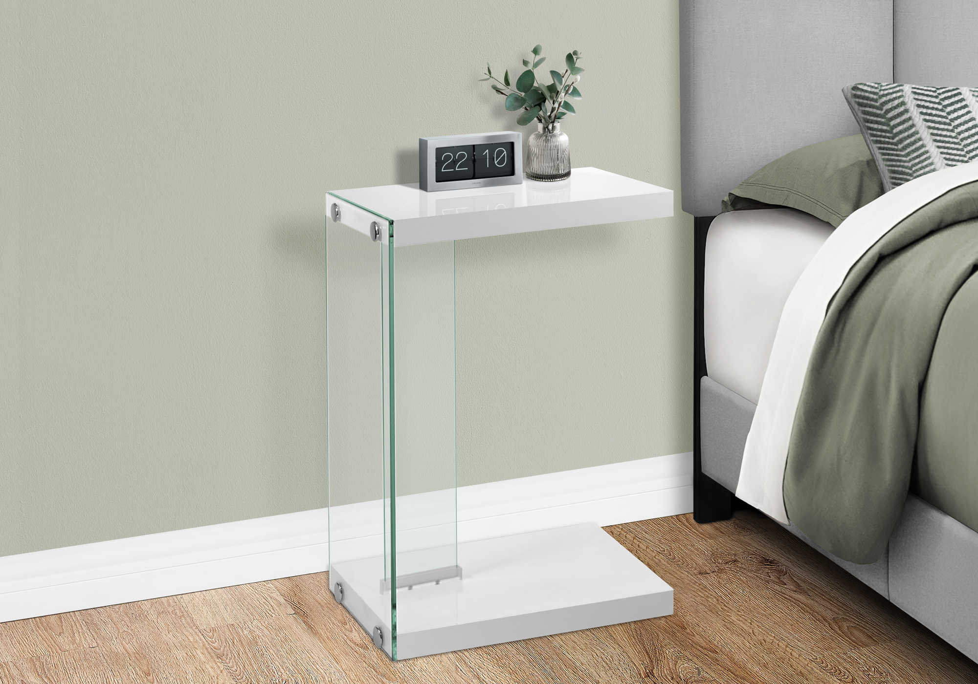 BEDROOM ACCENT TABLE - GLOSSY WHITE WITH TEMPERED GLASS