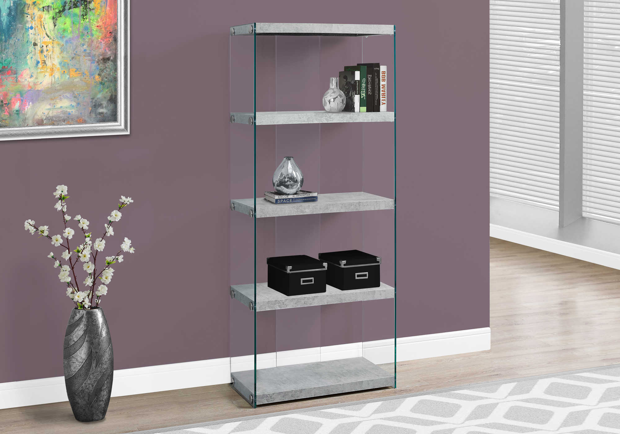 BOOKCASE - 60"H / GREY CEMENT WITH TEMPERED GLASS