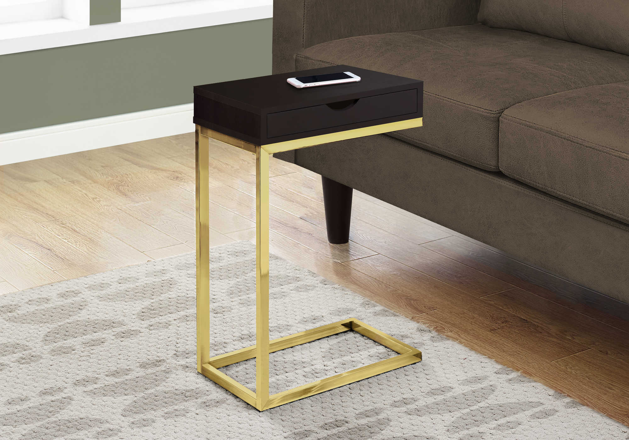 ACCENT TABLE - ESPRESSO / GOLD METAL WITH A DRAWER