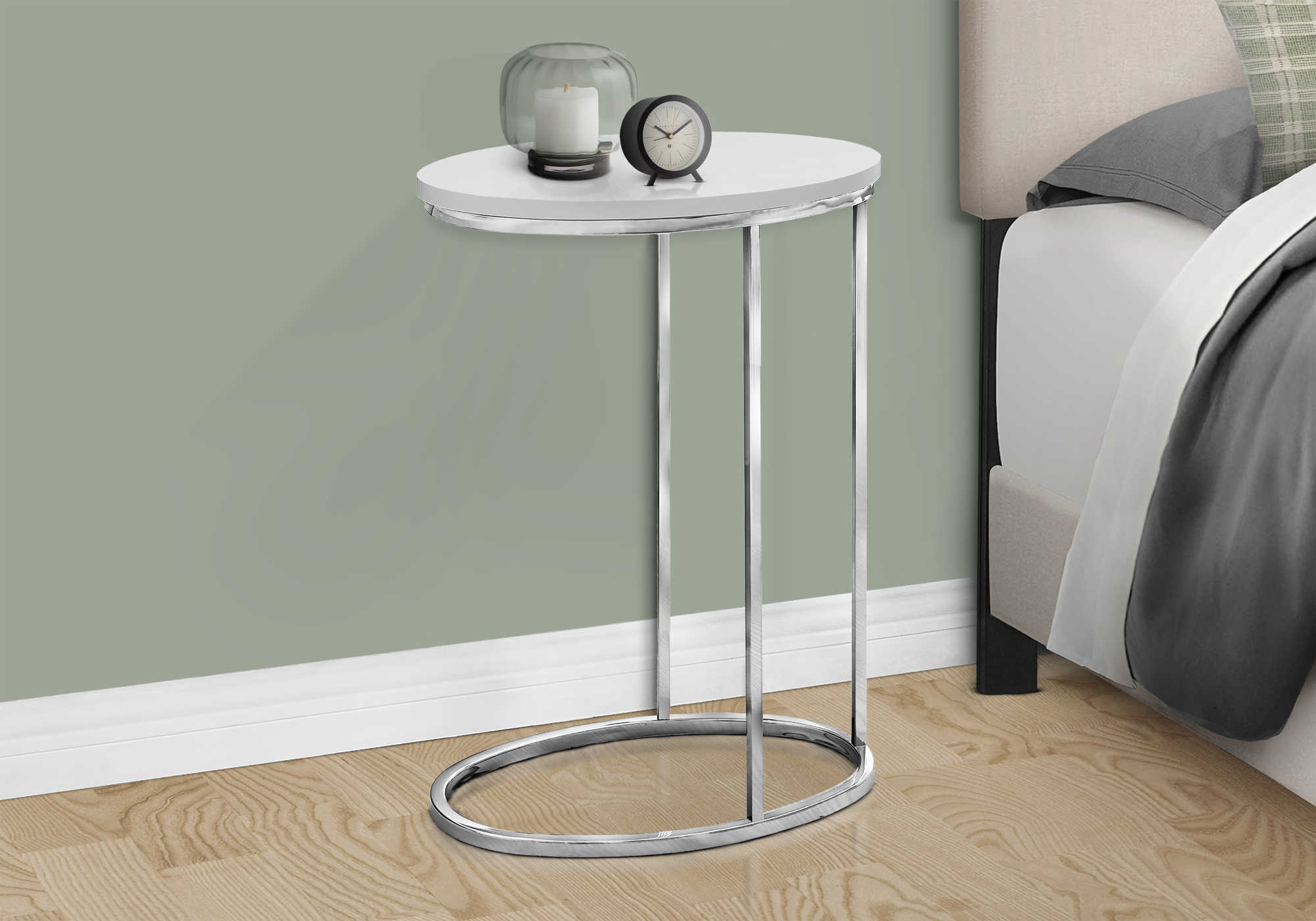 NIGHTSTAND - OVAL / GLOSSY WHITE WITH CHROME METAL