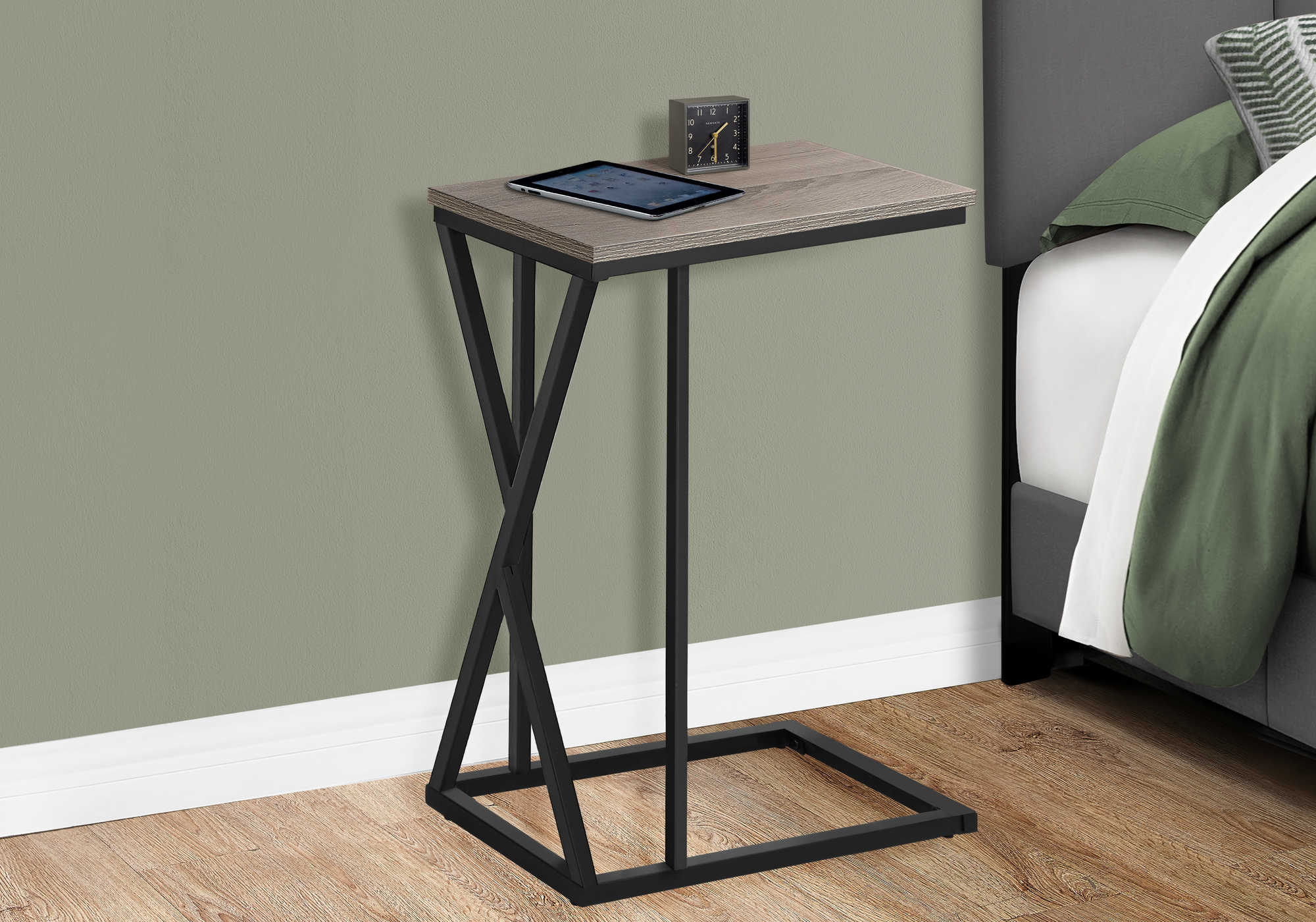 BEDROOM ACCENT TABLE - 25"H / DARK TAUPE / BLACK METAL