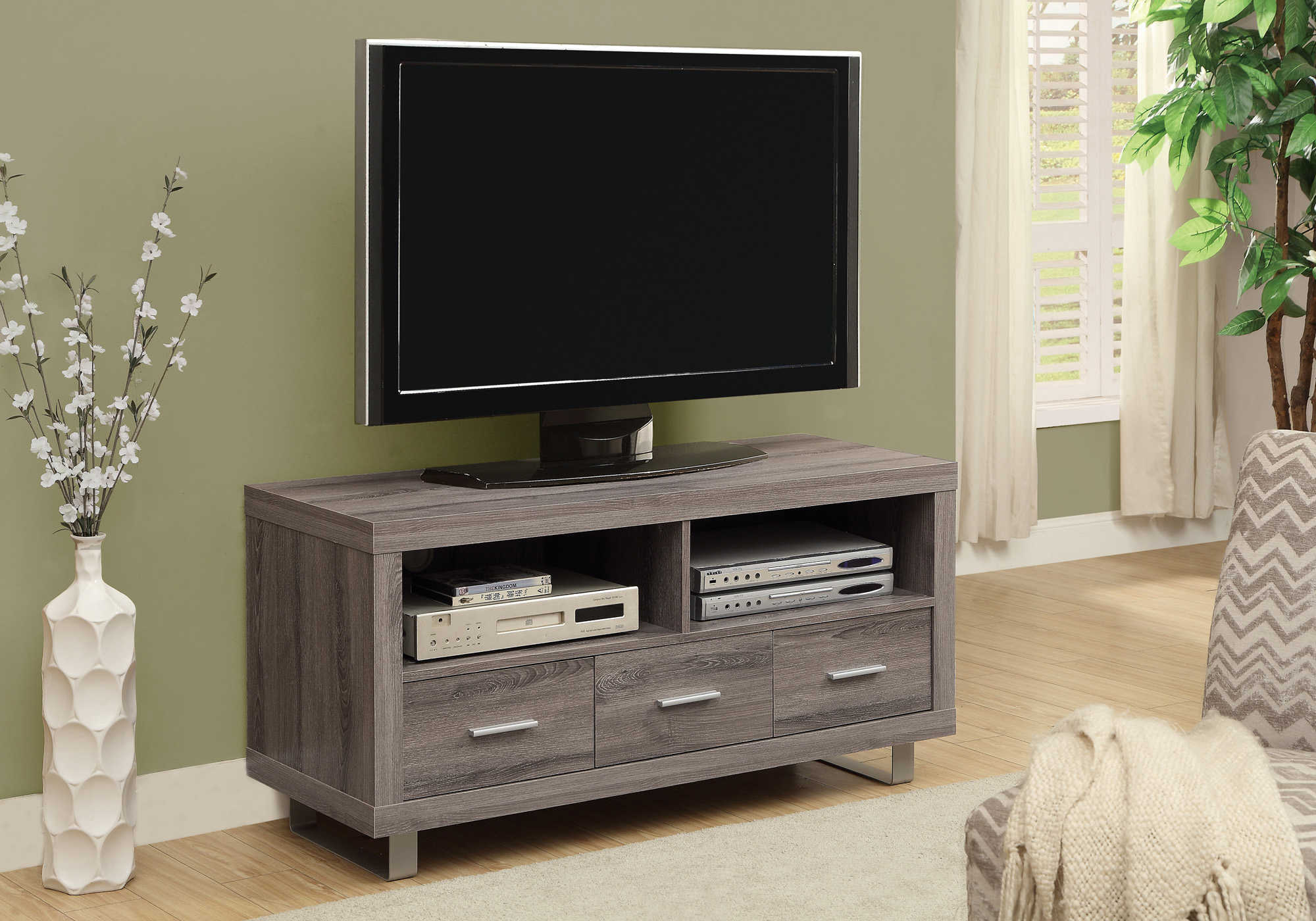 TV STAND - 48" L / DARK TAUPE WITH 3 DRAWERS