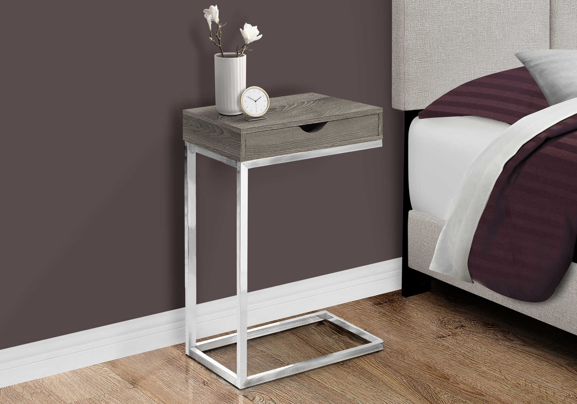 NIGHTSTAND - CHROME METAL / DARK TAUPE WITH A DRAWER