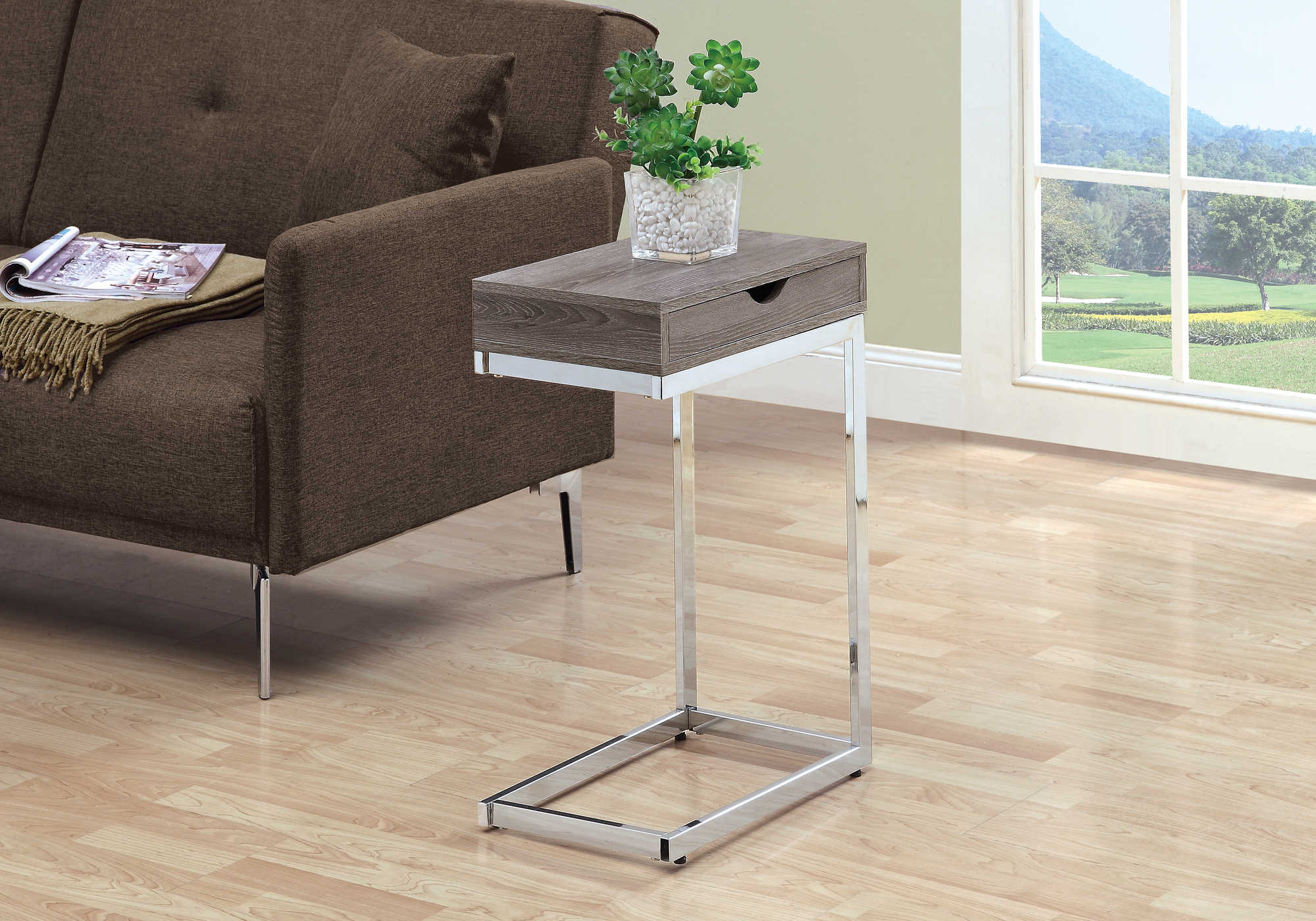ACCENT TABLE - CHROME METAL / DARK TAUPE WITH A DRAWER