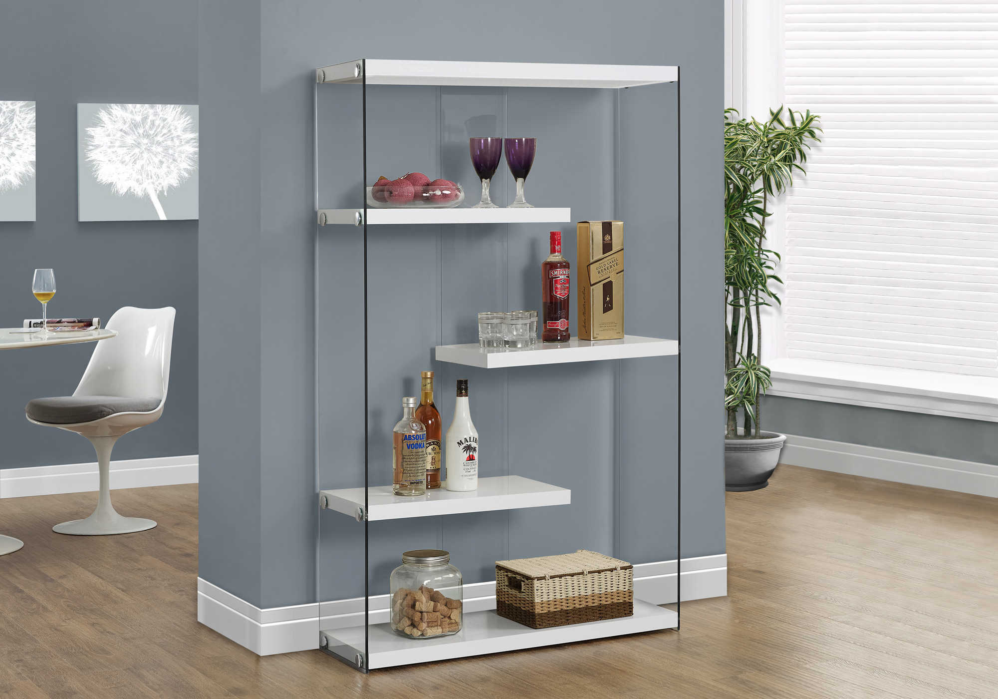 BOOKCASE - 60"H / GLOSSY WHITE WITH TEMPERED GLASS 
