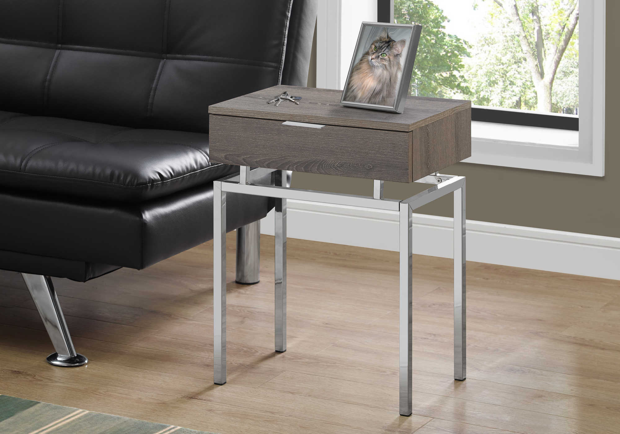 ACCENT TABLE - 24"H / DARK TAUPE / CHROME METAL