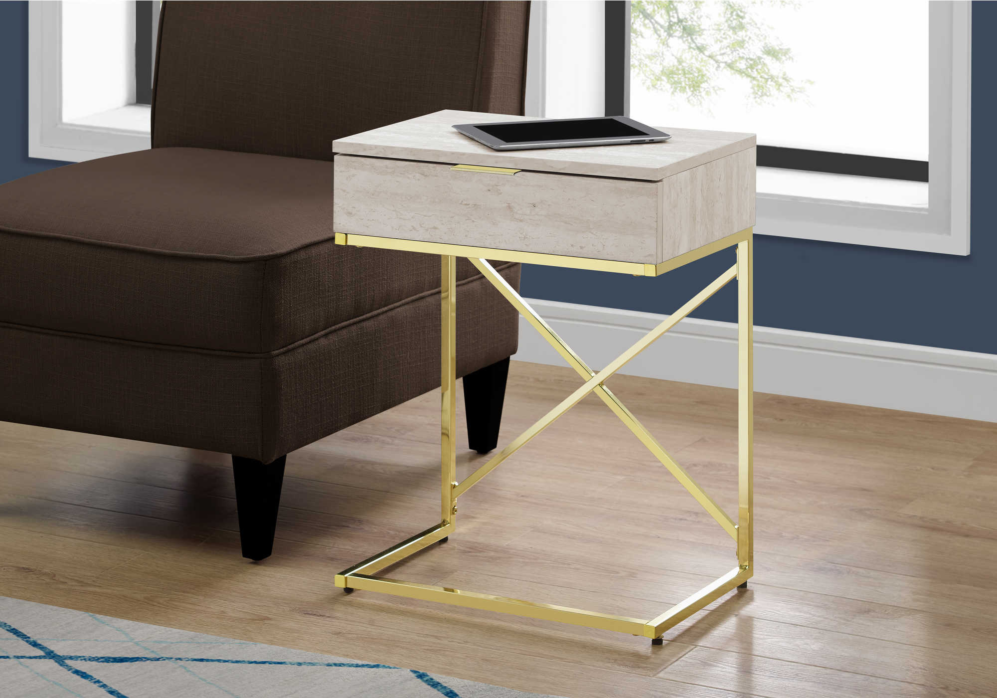 ACCENT TABLE - 24"H / BEIGE MARBLE / GOLD METAL 