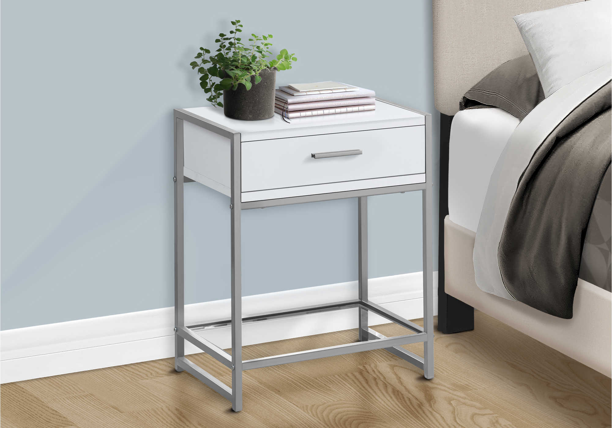 NIGHTSTAND - 22"H / WHITE/ SILVER METAL/ TEMPERED GLASS