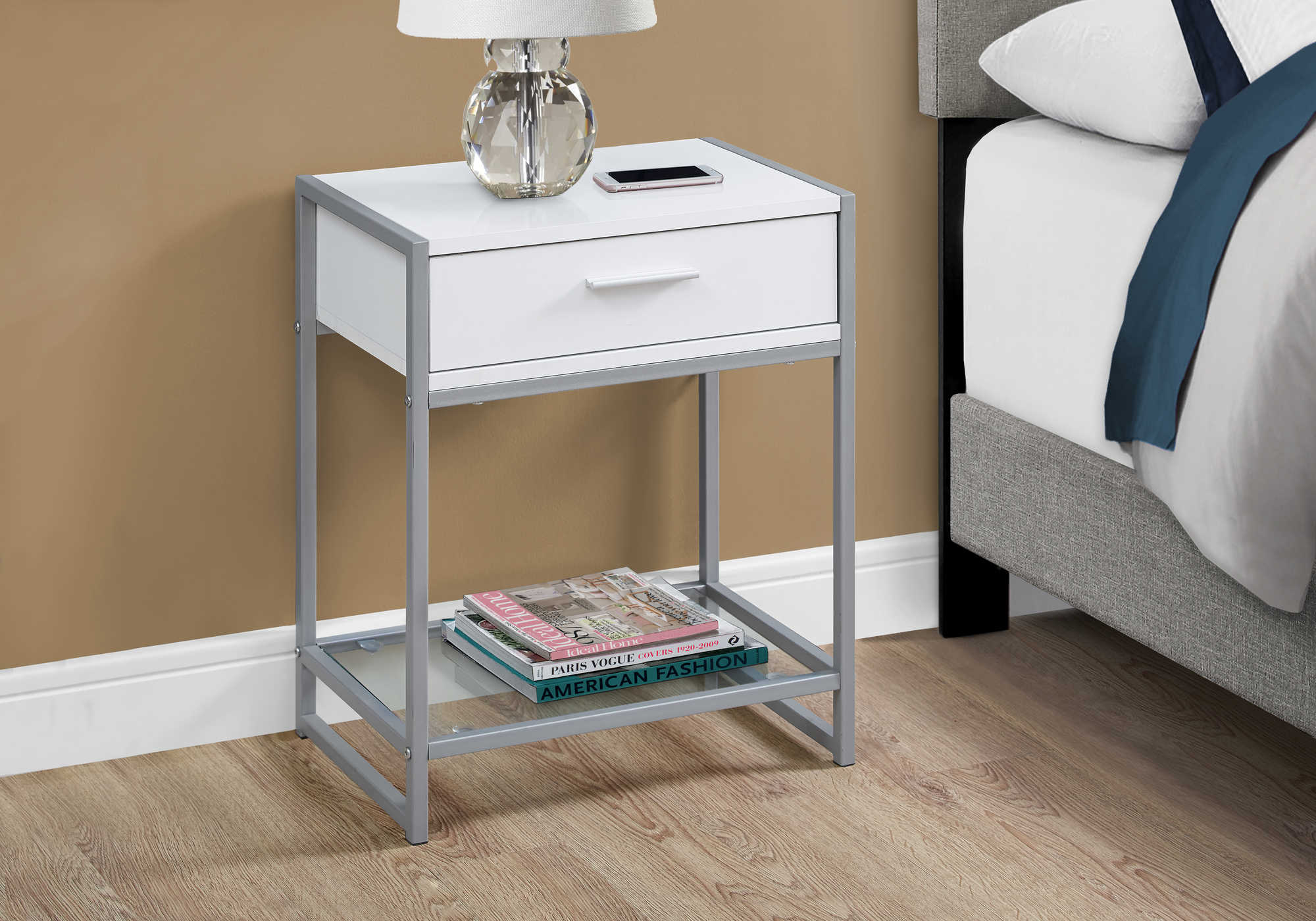 BEDROOM NIGHTSTAND - 22"H / WHITE/ SILVER METAL/ TEMPERED GLASS