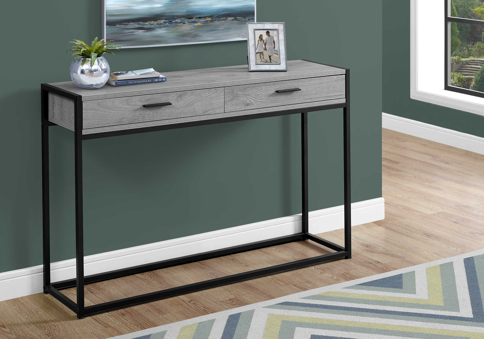 BEDROOM ACCENT CONSOLE TABLE - 48"L / GREY / BLACK METAL HALL CONSOLE