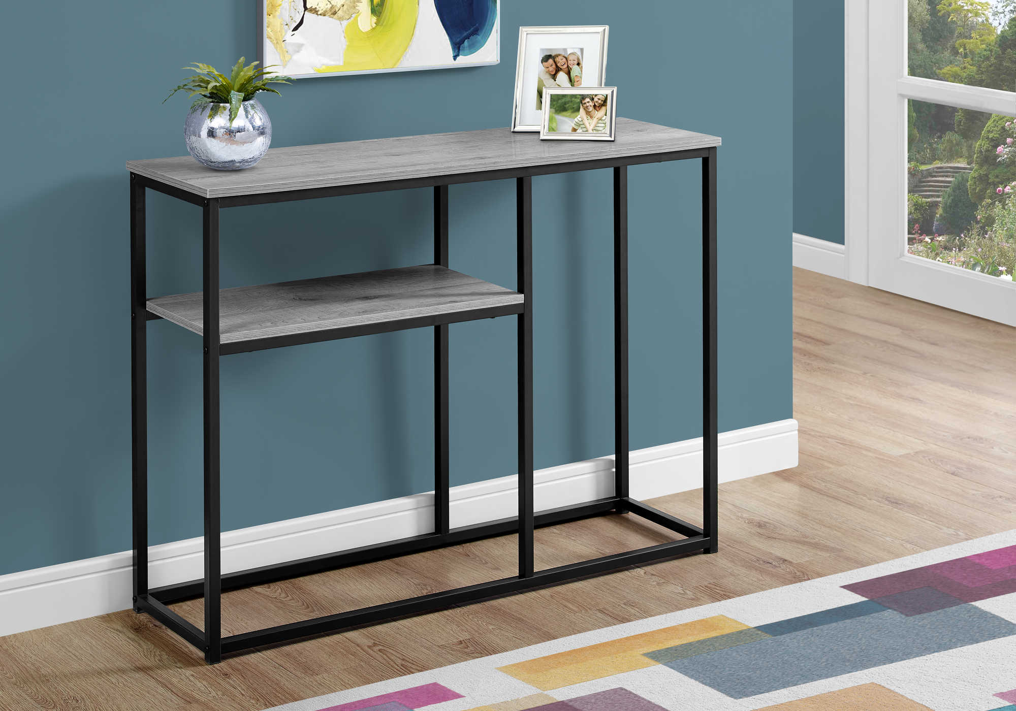 BEDROOM ACCENT CONSOLE TABLE - 42"L / GREY / BLACK METAL HALL CONSOLE