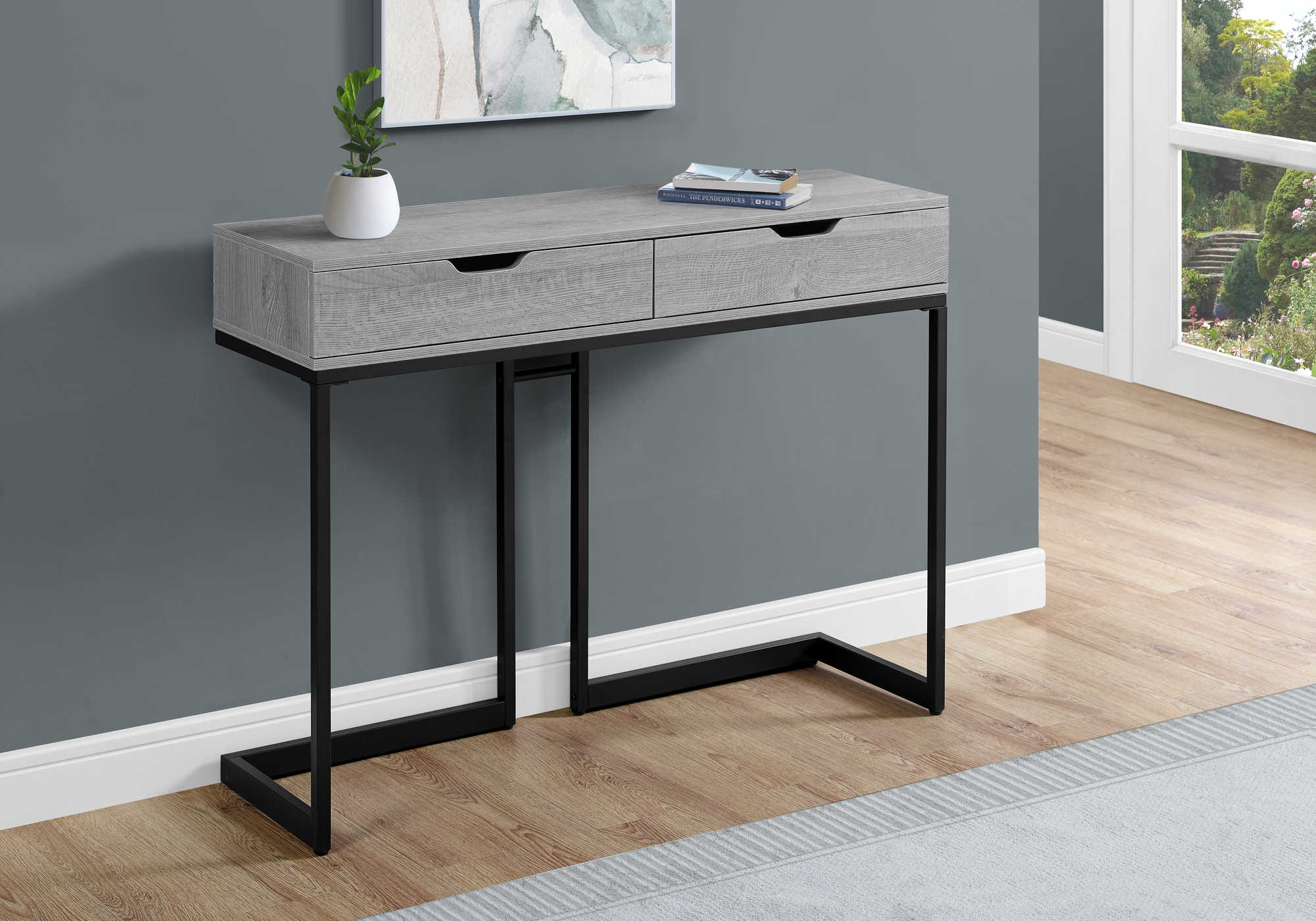 BEDROOM ACCENT CONSOLE TABLE - 42"L / GREY/ BLACK METAL HALL CONSOLE