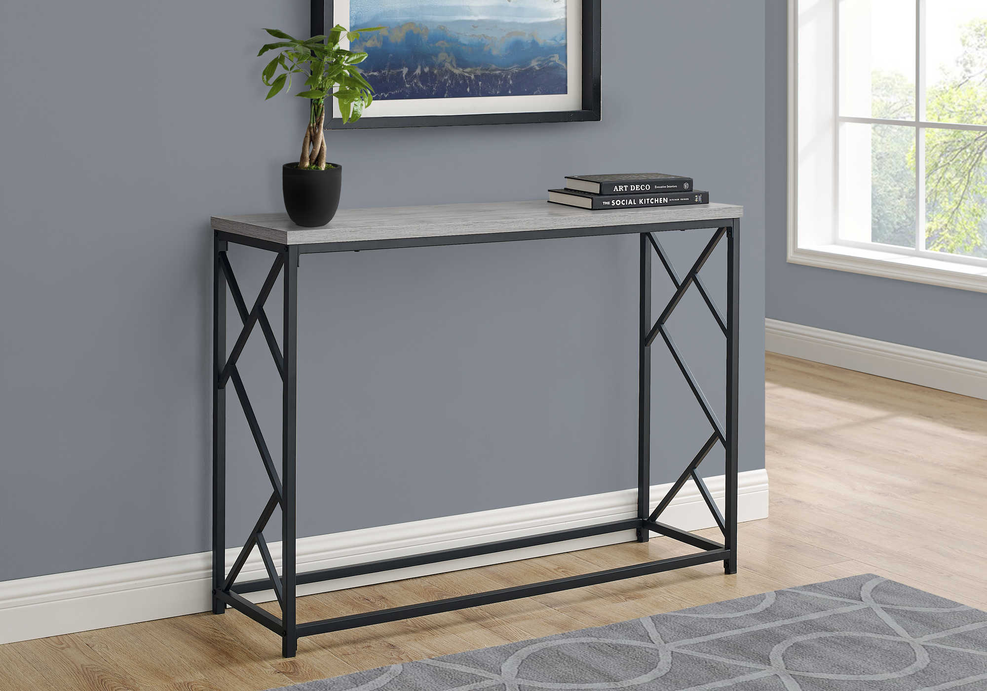 BEDROOM ACCENT CONSOLE TABLE - 44"L / GREY / BLACK METAL HALL CONSOLE