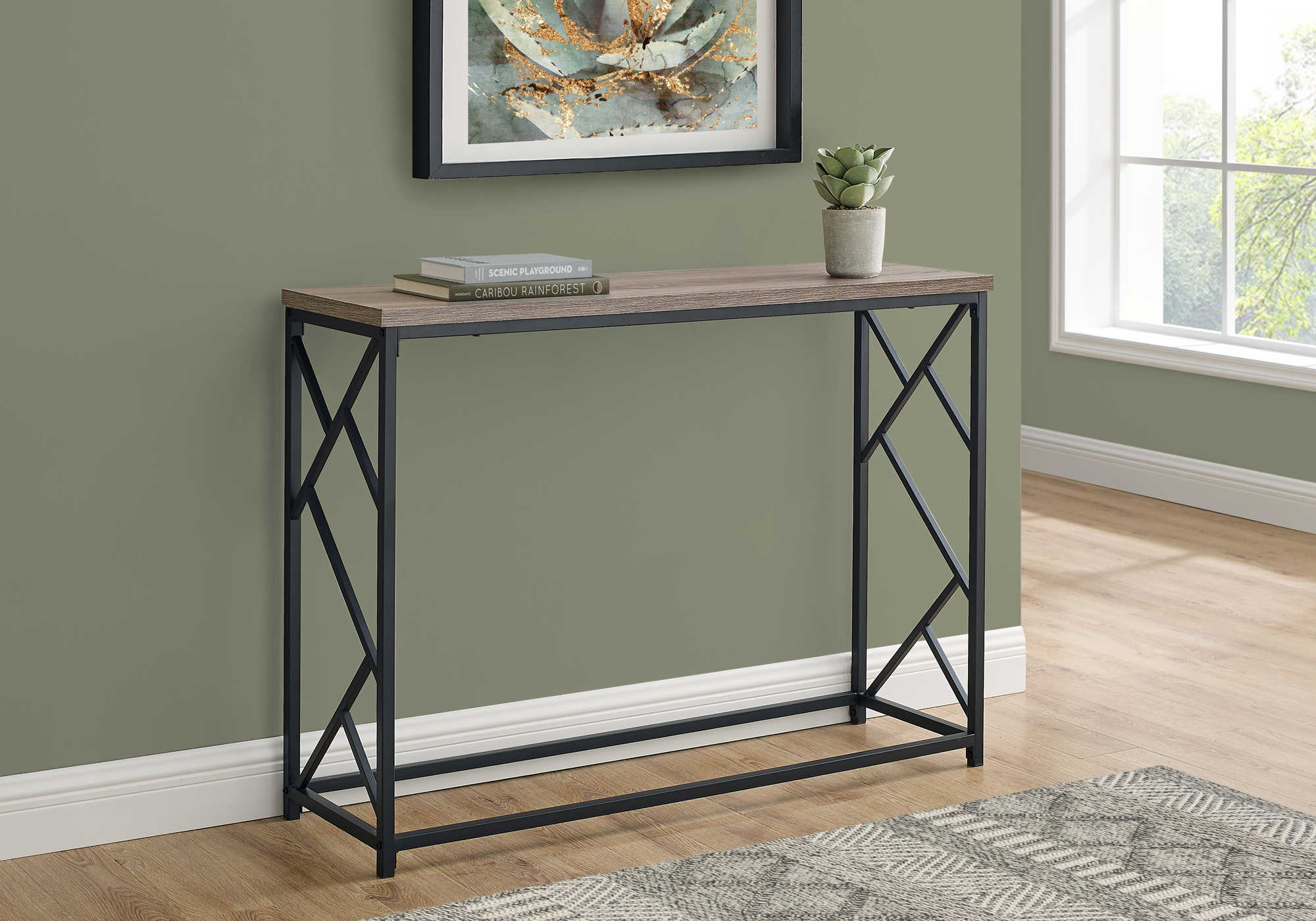 BEDROOM ACCENT CONSOLE TABLE - 44"L / TAUPE / BLACK METAL HALL CONSOLE