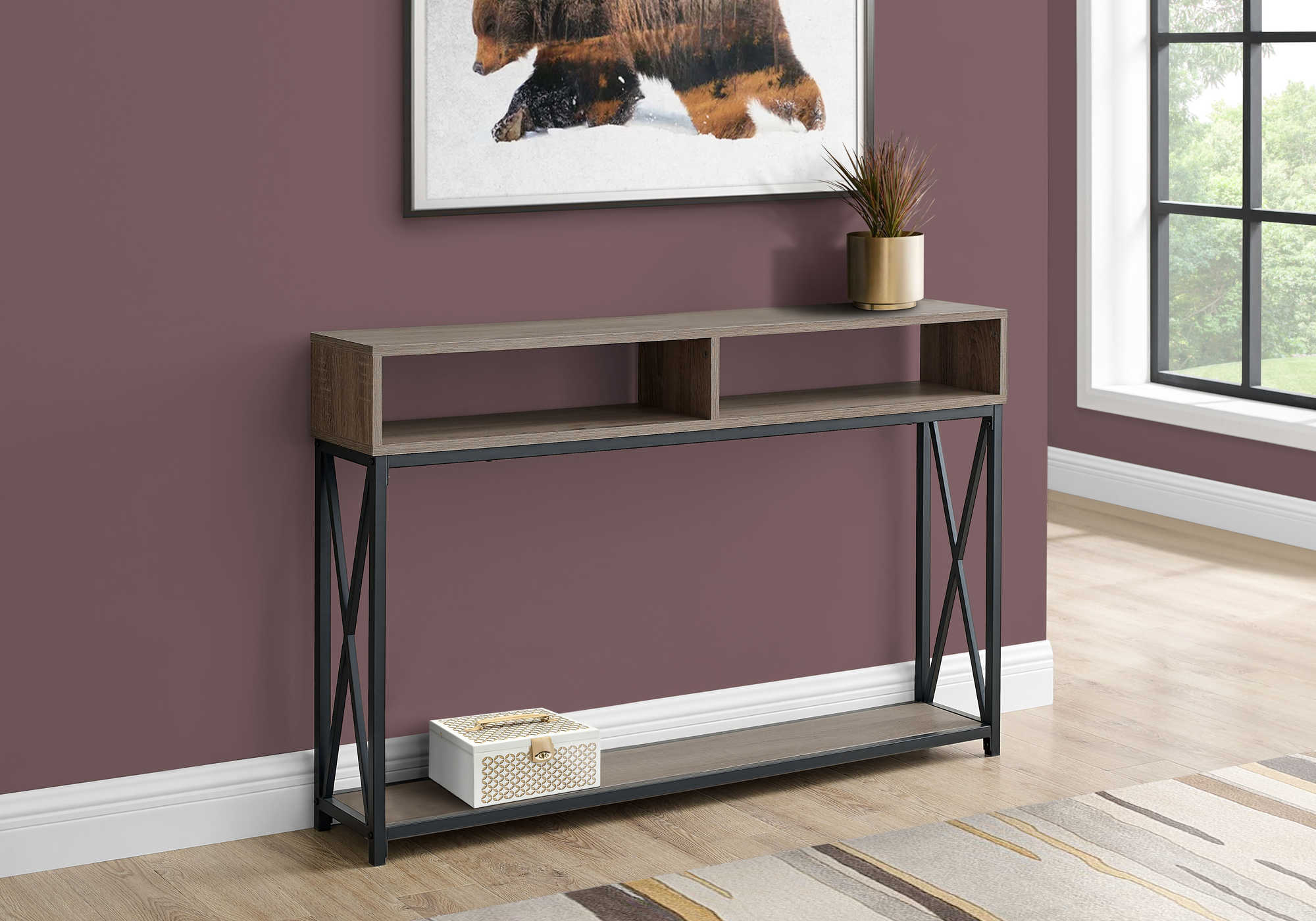 BEDROOM ACCENT CONSOLE TABLE - 48"L / TAUPE / BLACK METAL HALL CONSOLE