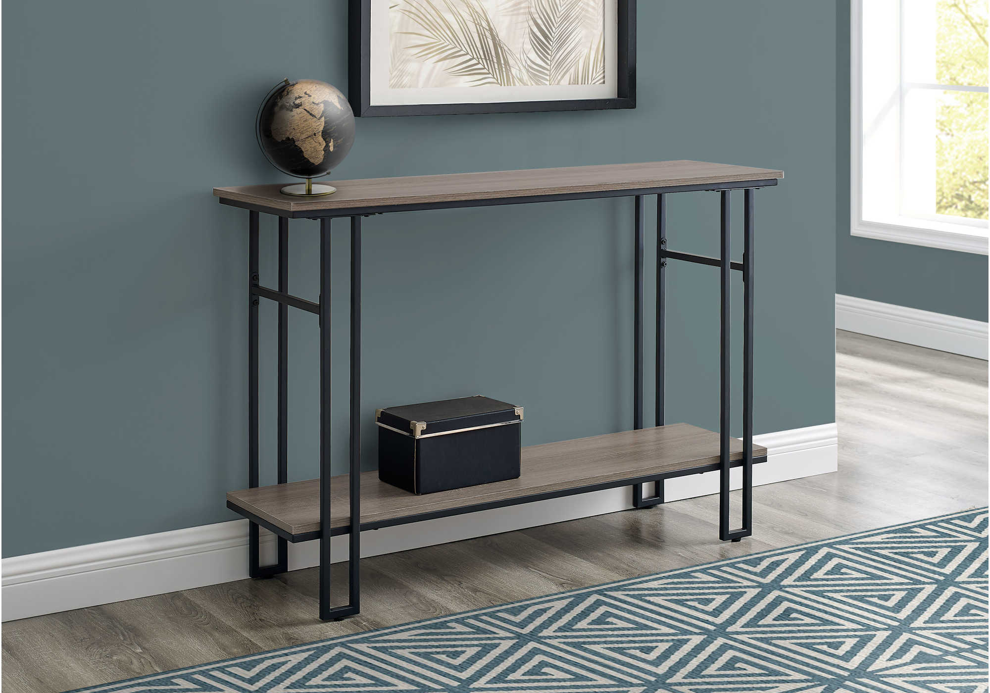 BEDROOM ACCENT CONSOLE TABLE - 48"L / TAUPE / BLACK METAL HALL CONSOLE