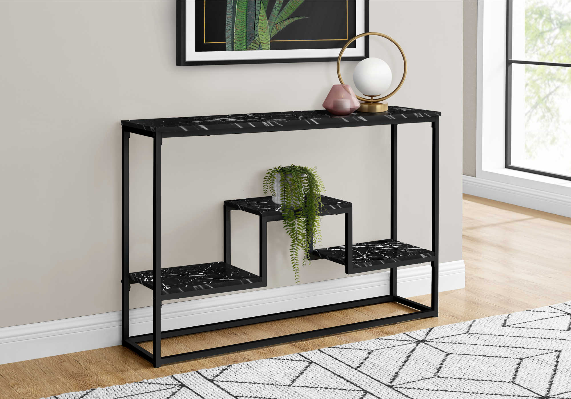 BEDROOM ACCENT CONSOLE TABLE - 48"L / BLACK MARBLE / BLACK METAL CONSOLE